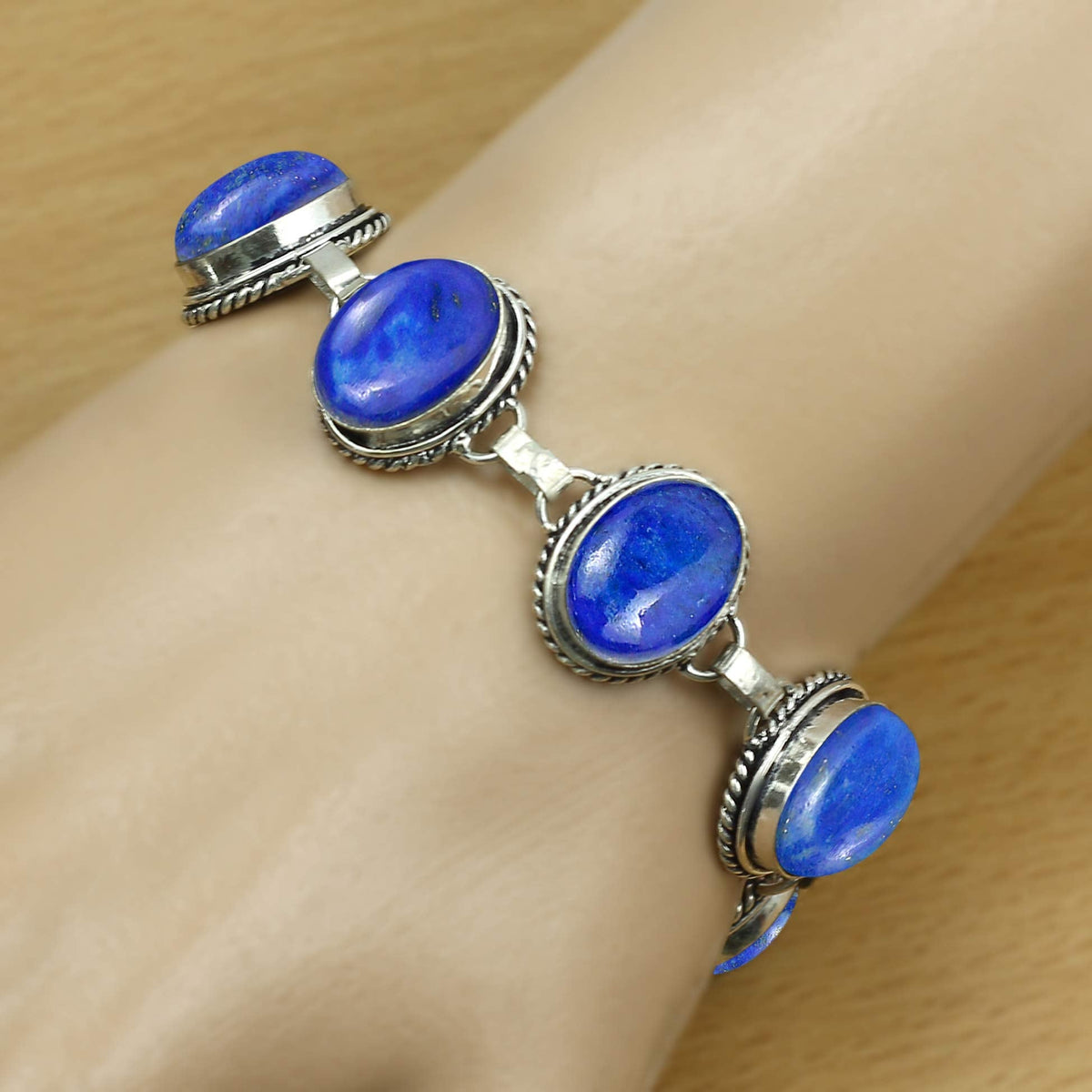 Natural Lapis Lazuli Silver Plated Handmade Link Bracelet for Women - September Birthstone Oval Gemstone Adjustable Bracelet Vintage Style Bohemian Jewelry - Mother's Day Gifts for Her