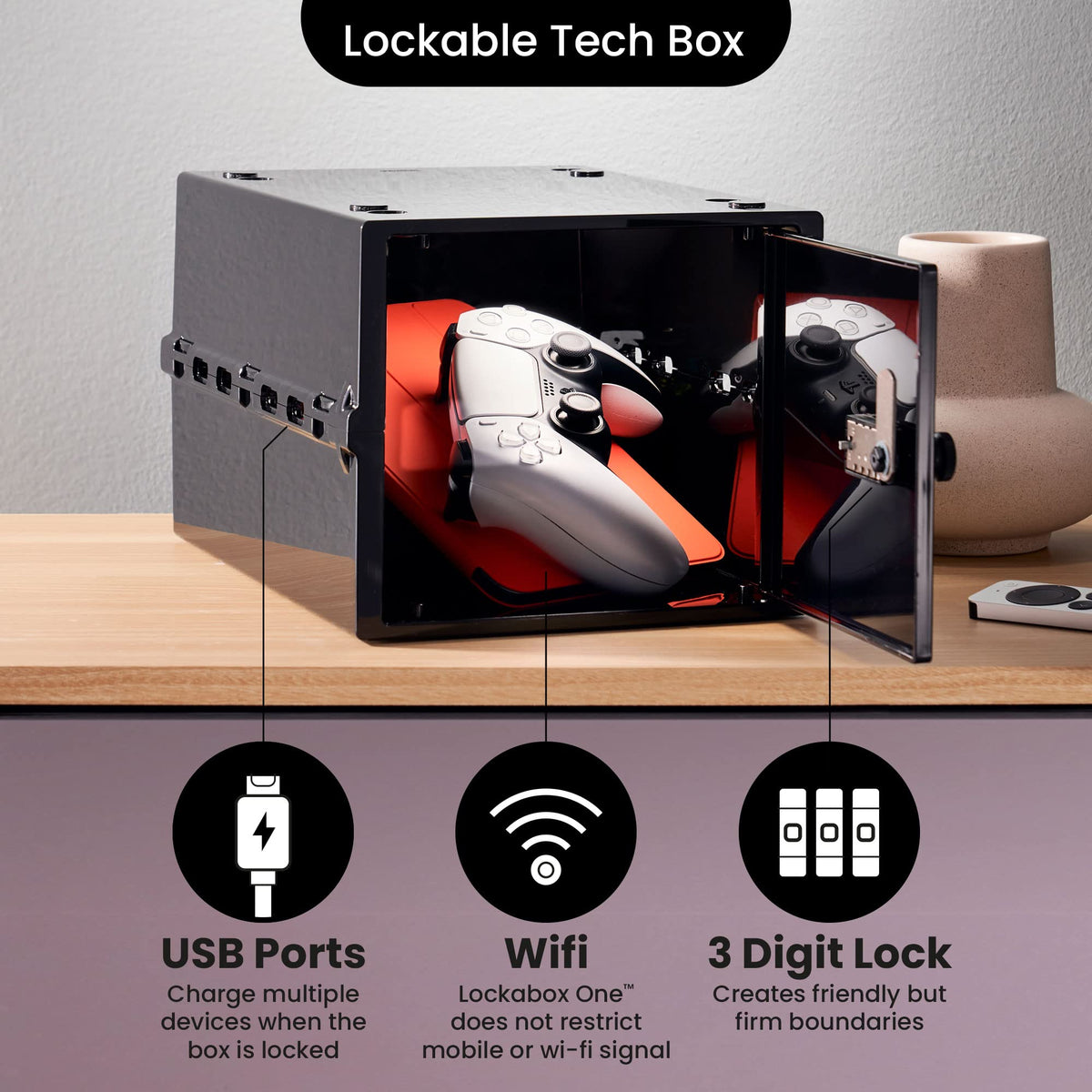 Lockabox One™ | Compact and Hygienic Lockable Storage Box for Food, Medicines, Tech and Home Safety | One Size 12 x 8 x 6.6 inches externally (Jet)