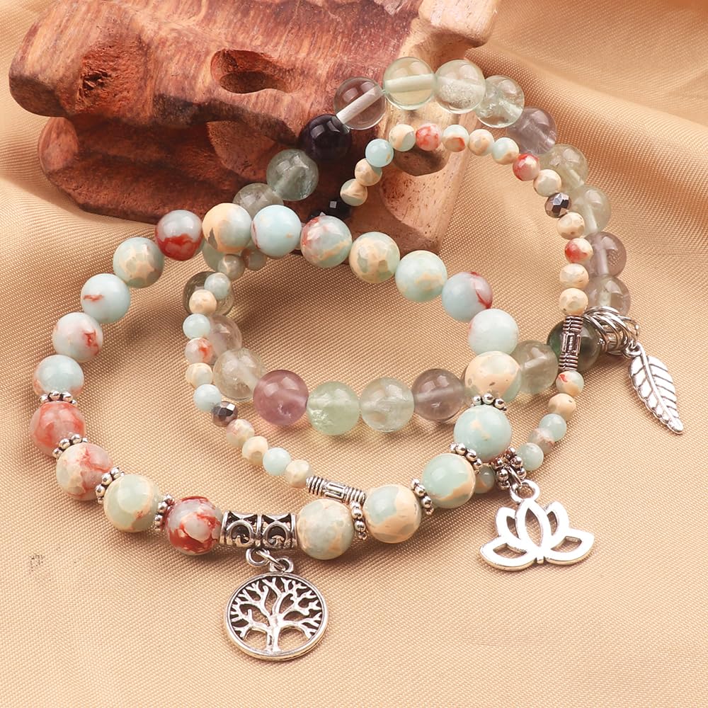 UEUC Tree of Life Yoga Healing Stone Bracelets,Multilayer Lotus Chakra Stone Reiki Bracelet Sets,Anxiety Crystal Natural Stone,for Women Stress Relief(#155)