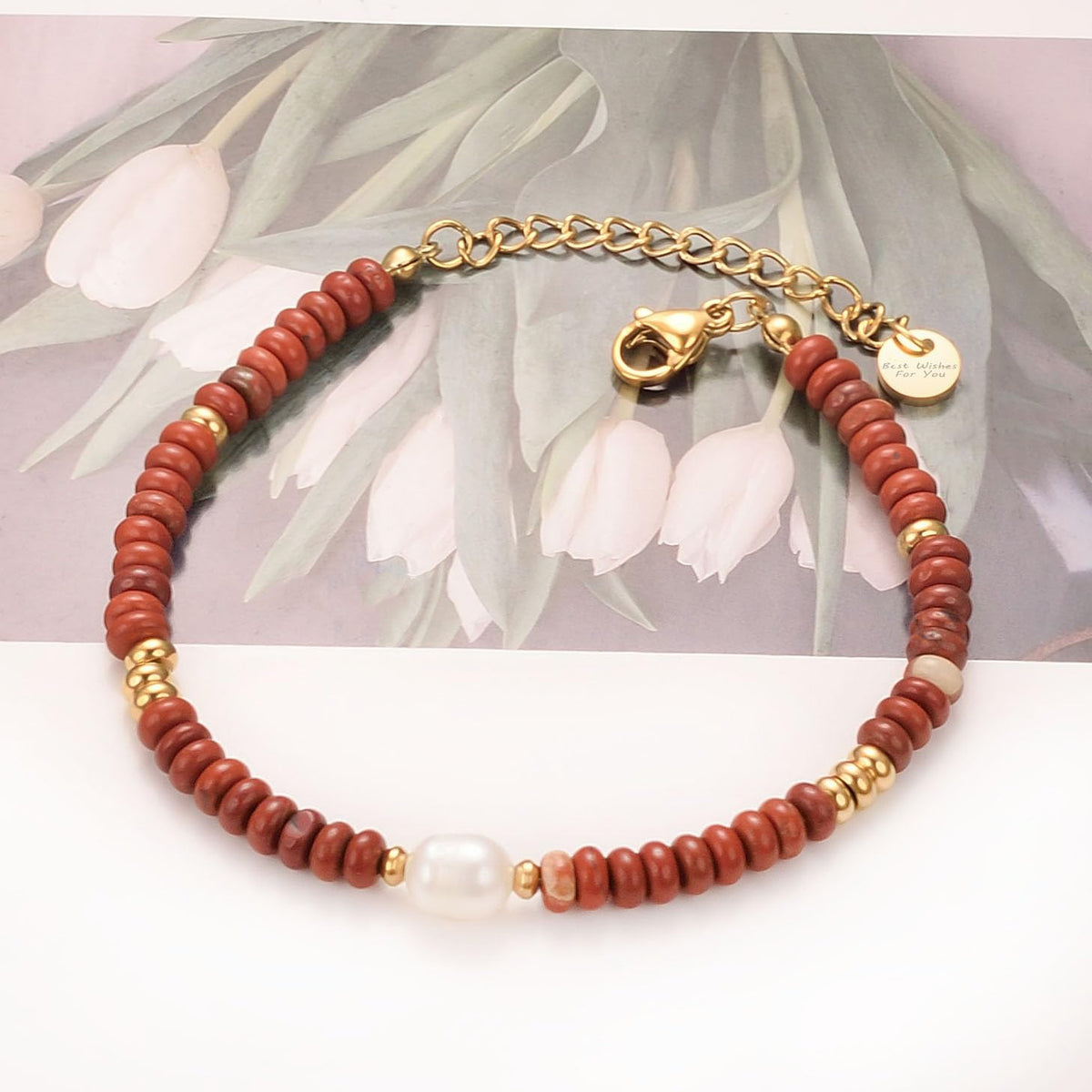 vissen Red Natural Stone Bracelets for Women Gold Bangle Bracelets Stainless Steel Freshwater Cultured Pearl Bracelet Jewelry Gift