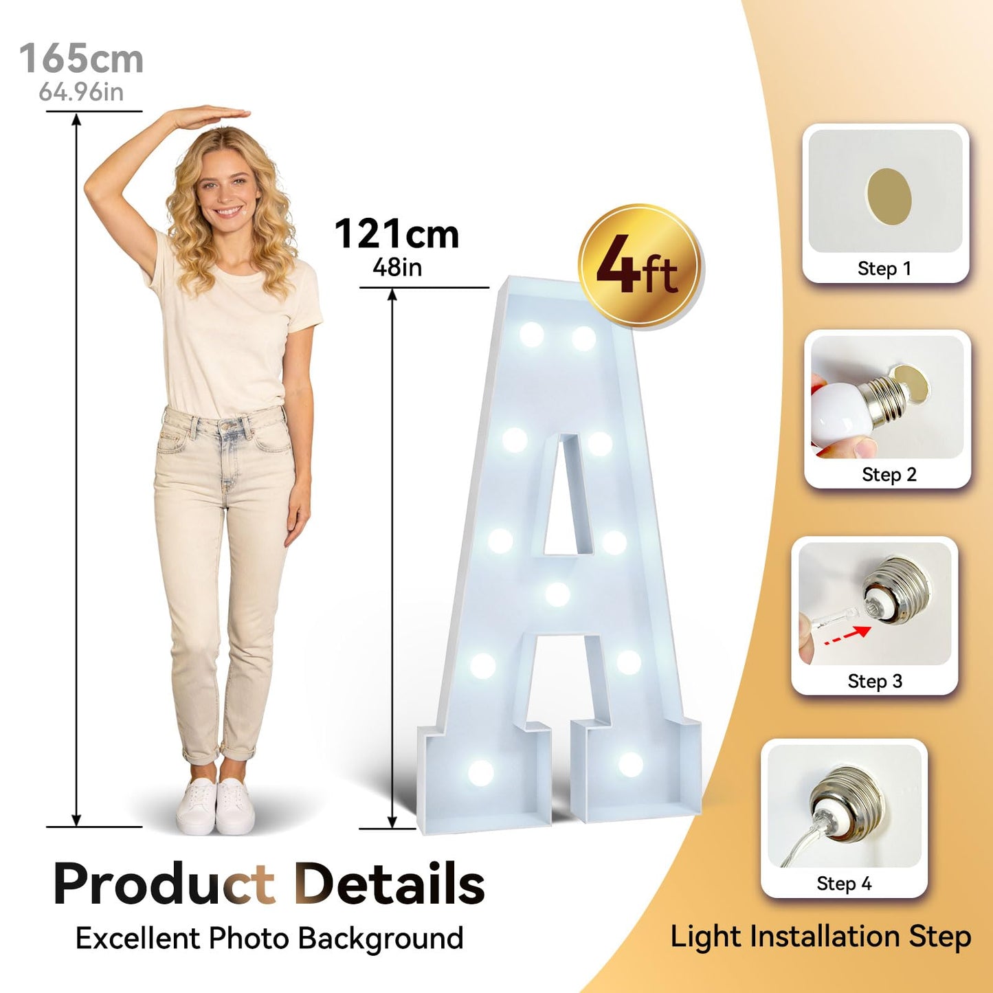 Ledido 4FT Warm White & Cool White Marquee Light Up Letter A, Easy to Assemble Marquee Letters 4 Feet Tall, Large Lighted Letter for Birthday Graduation Baby Shower Anniversary Party Decorations (A)