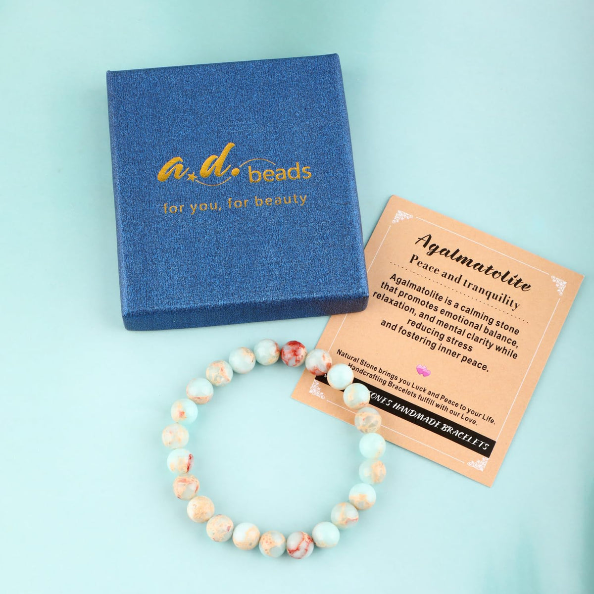 AD Beads 10mm Handmade Agalmatolite Elastic Bracelet – Natural Gemstone for Peace and Tranquility – Meditation, Yoga, Healing and Energy Gift for Men Women