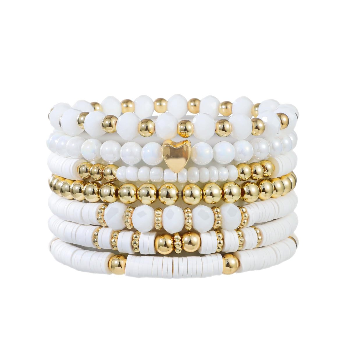 RISHEGAE Heishi Beaded Stretch Bracelets for Women Stackable Gold Polymer Clay Beads Bracelets Friendship Boho Summer Beach Bracelet Jewelry Set (F-H white)