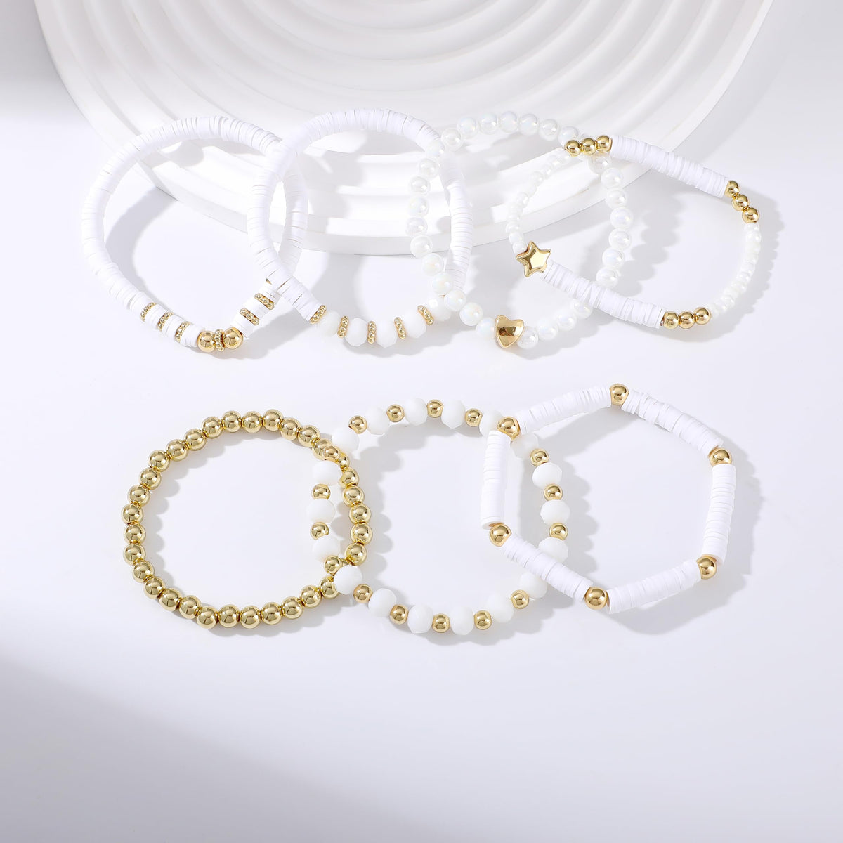 RISHEGAE Heishi Beaded Stretch Bracelets for Women Stackable Gold Polymer Clay Beads Bracelets Friendship Boho Summer Beach Bracelet Jewelry Set (F-H white)