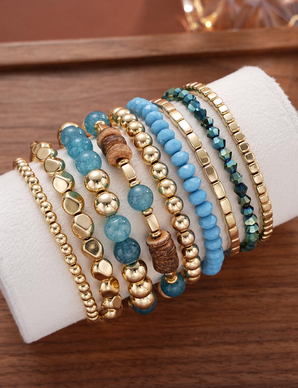 iF YOU 12 Pcs Boho Beaded Bracelets for Women, Brown Orange Bohemian Stackable Gold Bead Stretch Bracelets Stack Jewelry Gift (Blue beaded bracelets)
