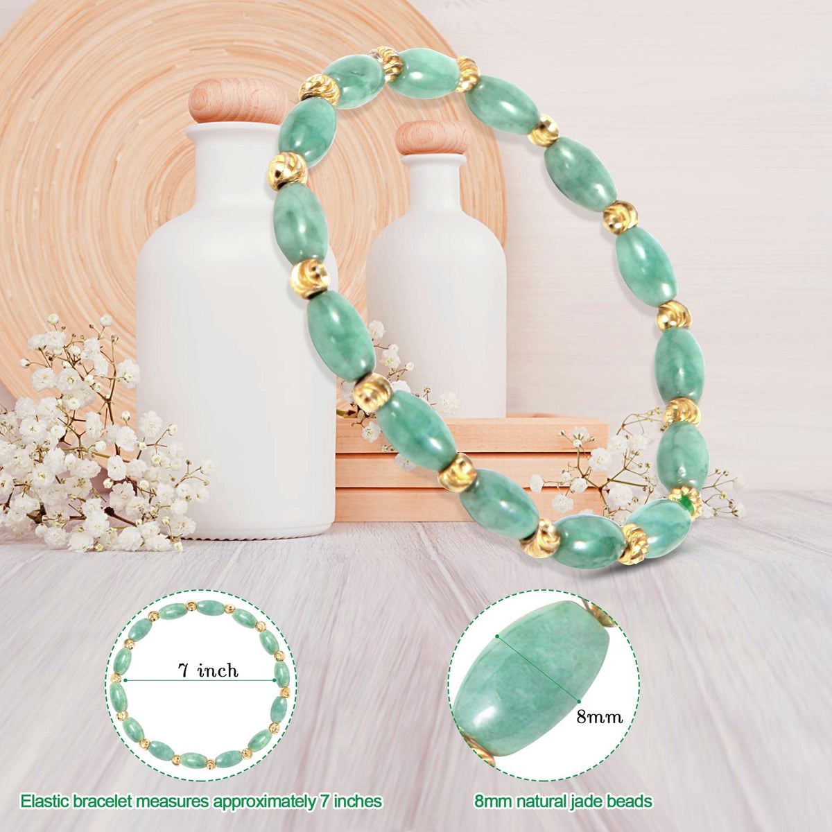 HL1971 Natural Jade Beaded Elastic Bracelet Gradient Green Jade Bead Ladies Bracelet, Suitable for Christmas, Thanksgiving