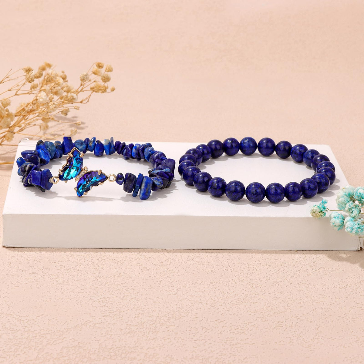 GolbalJew Lapis Lazuli Stone Bracelet for Women Healing Crystal Stone Bracelets Blue Gemstone Beads Stretch Bracelet Butterfly Charms Jewelry Women Gift