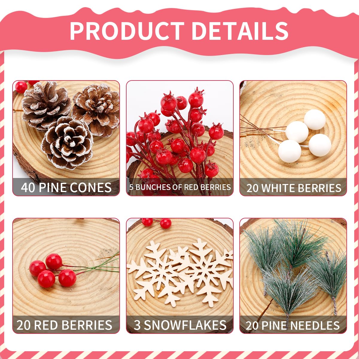 Biubumtu 108 Pcs Christmas Ornaments Pine Cones Berry Pine Branch Set Xmas Decorations for Home, Pinecones for Crafts Vase Filler Wreath Christmas Table Decor