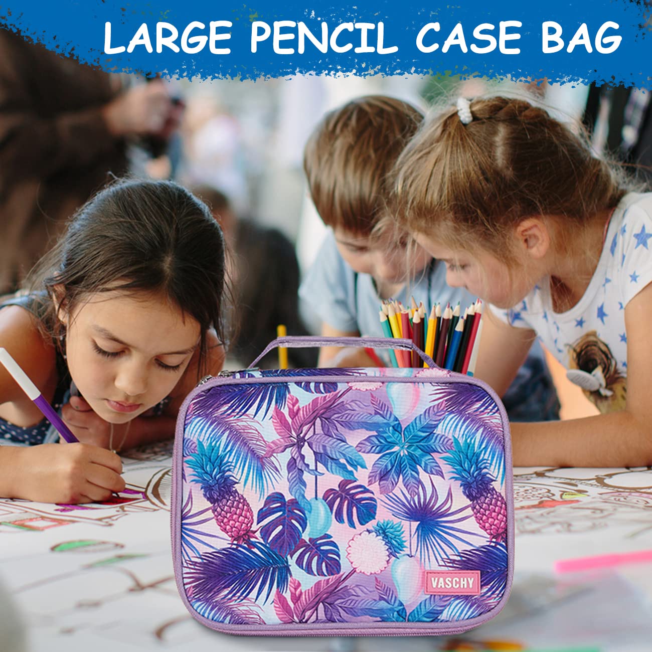 VASCHY Large Pencil Case Bag, Art Supply Marker Organizer Big Pen Pouch with Detachable Layers Slots Multiple Zipper Pockets for Kids Adults School Office Purple