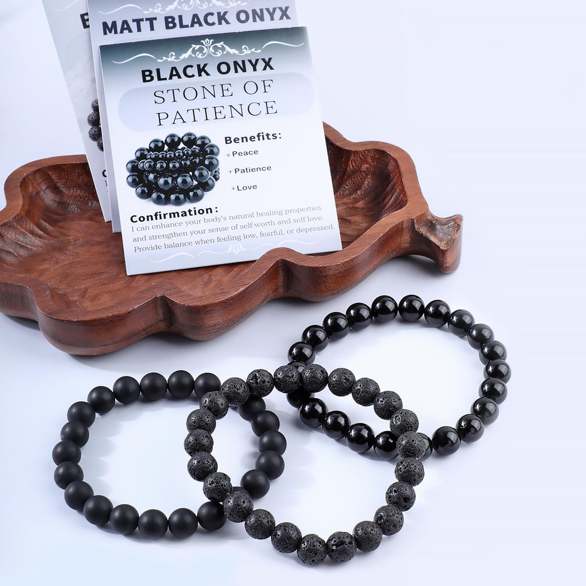 NCB 3-Piece 8mm Natural Crystal Gemstone Stretch Bracelets – ﻿Black Lava, Black Onyx, Matte Black Agate Handmade Reiki Energy Healing Jewelry for Meditation,Yoga, Unisex