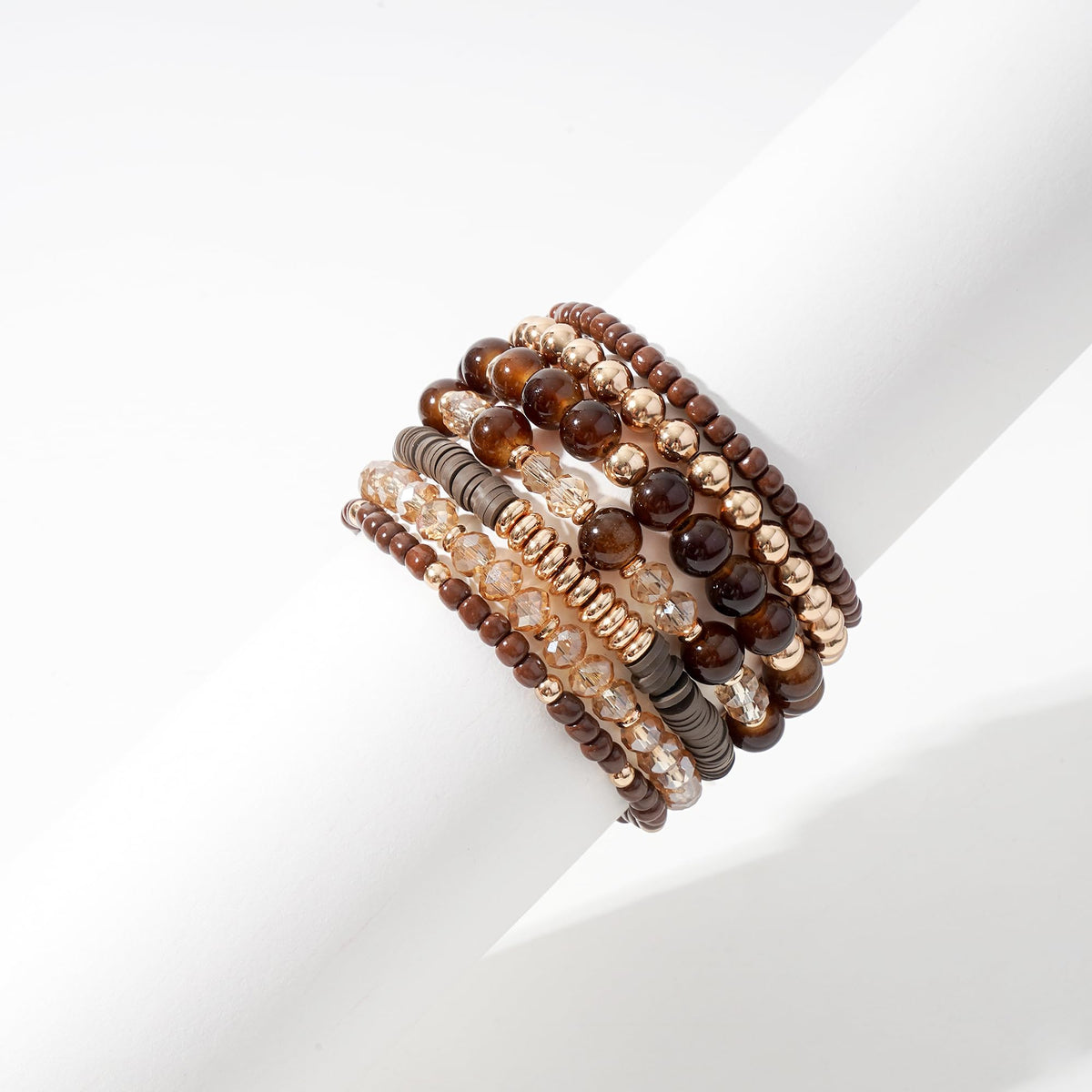 GOOJIDS Brown Surfer Heishi Clay Bead Bracelets for Women Bohemian Stackable Gold Plated Beaded Stretch Bracelets Elastic Layering Friendship Bracelets Set Boho Jewelry