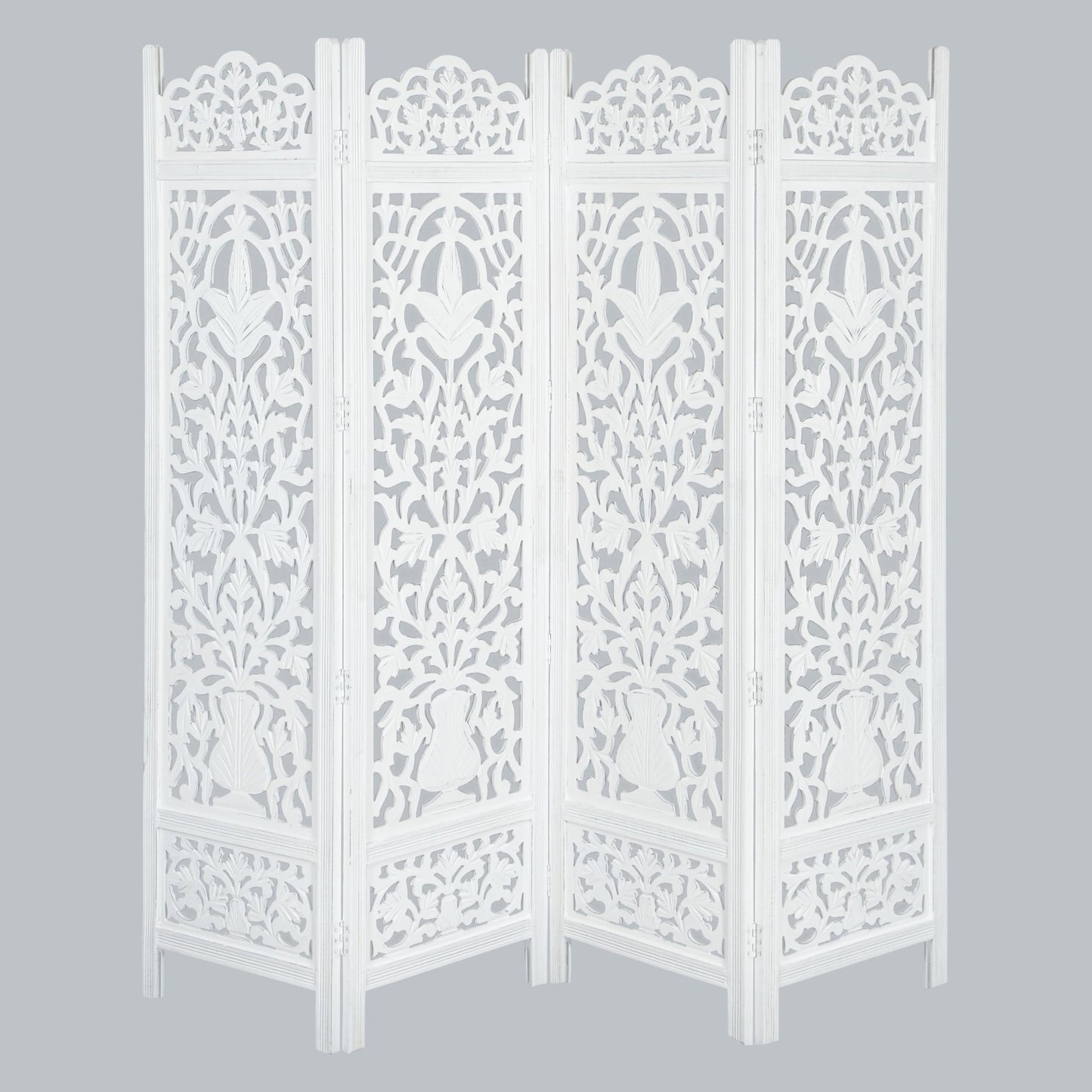 Lightnpro 4-Panel Wooden Room Divider 72"×72" - Hand-Carved Floral Folding Privacy Screen | Pre-Assembled Large Decorative Partition for Living Room, Bedroom, Office & Boho Home Décor - Antique White