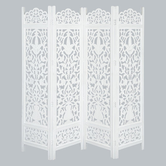 Lightnpro 4-Panel Wooden Room Divider 72"×72" - Hand-Carved Floral Folding Privacy Screen | Pre-Assembled Large Decorative Partition for Living Room, Bedroom, Office & Boho Home Décor - Antique White