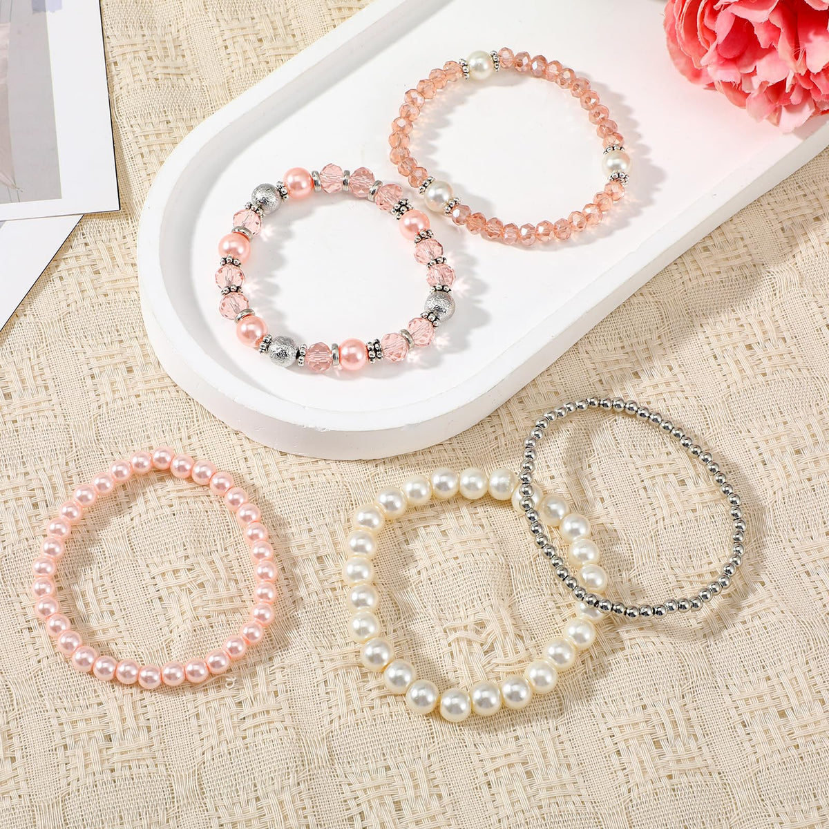 DIVINA VITAE 5 Pcs Beaded Stretch Bracelets Pink Stackable Bracelets Boho Beaded Bracelet Stretch Layering Crystal Stone Bead Bracelet Trendy Costume Jewelry Gifts for Women