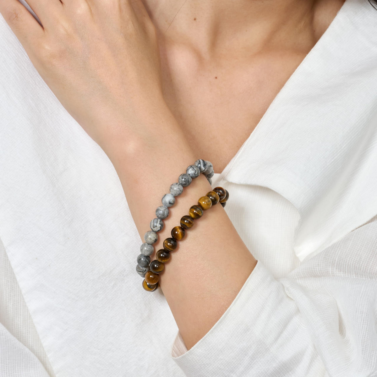 Bivei 2-Piece 8mm Beaded Bracelets for Women – Tiger Eye, Picasso Jasper – Handmade Natural Crystal Stretch Elastic Jewelry for Meditation, Yoga, Protection Gifts