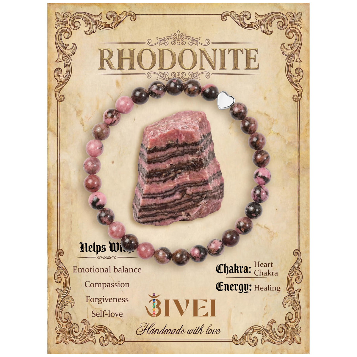 Bivei 6mm Rhodonite Crystal Stretch Bracelets for Women, Handmade Natural Stone Beaded Bracelet, Yoga Protection Jewelry Gift
