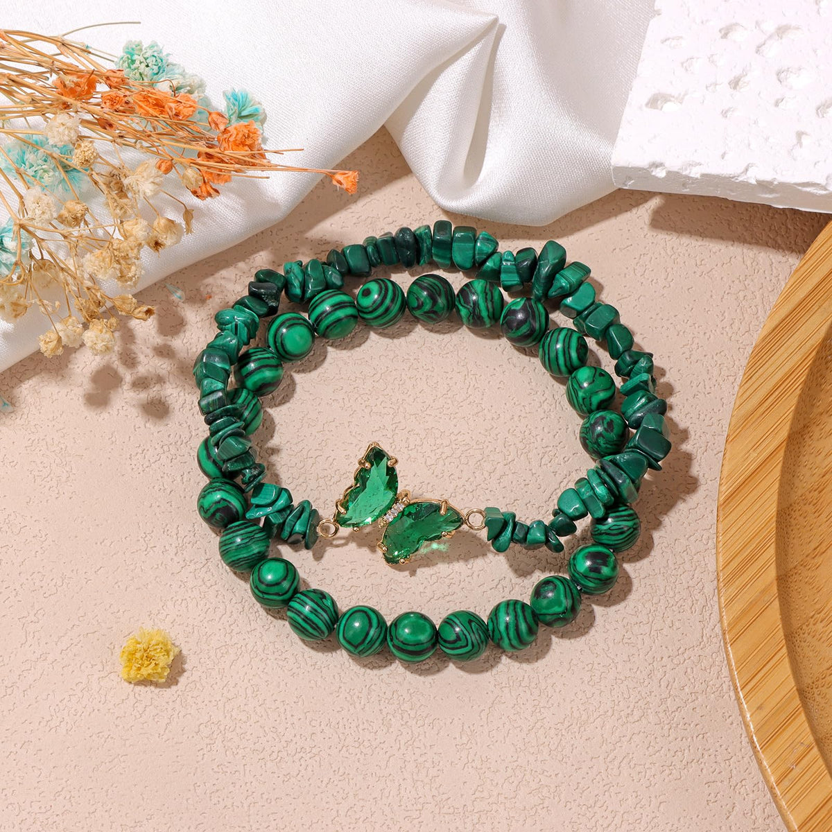 GolbalJew Malachite Stone Bracelet for Women Healing Crystal Stone Bracelets Green Gemstone Beads Stretch Bracelet Butterfly Charms Jewelry Women Gift