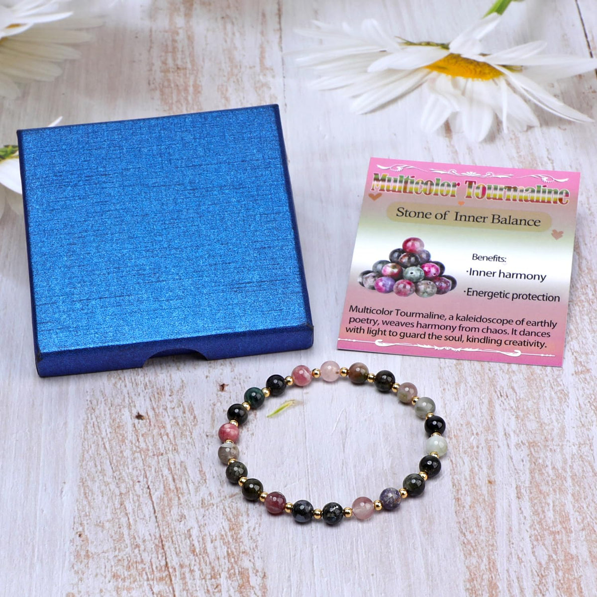 QOGIR Multicolor Tourmaline - Stone of Inner Balance - 14K Gold Plated Beads Natural Gemstone Stretch Elastic Dainty Healing Beaded Bracelets Gifts 6mm