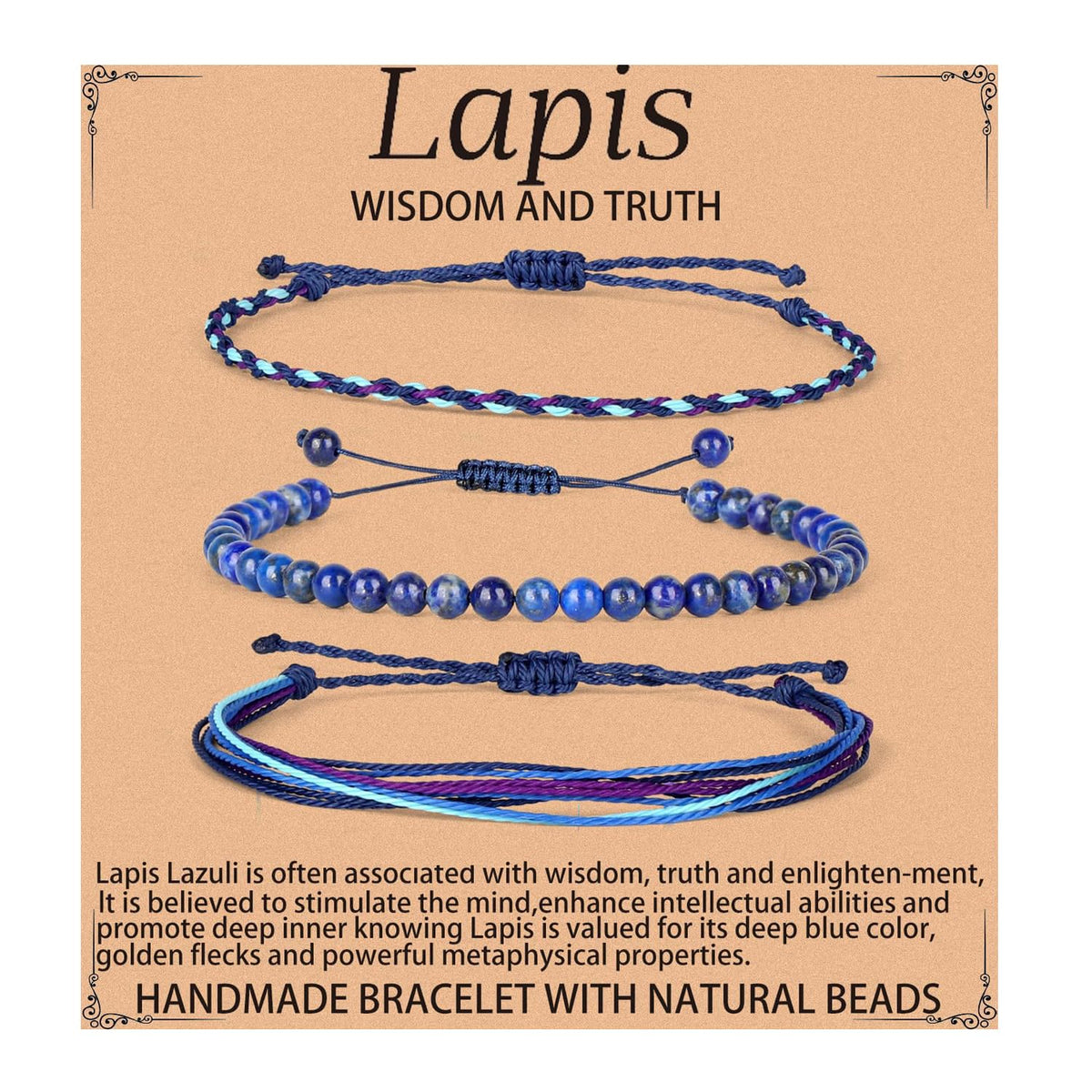QOGIR Handmade Healing Bracelets for Women,4mm Natural Lapis Lazuli Gem Stone Beads Bracelet,for Men Women Gifts with 2PCS Size Adjustable Rope Bracelets