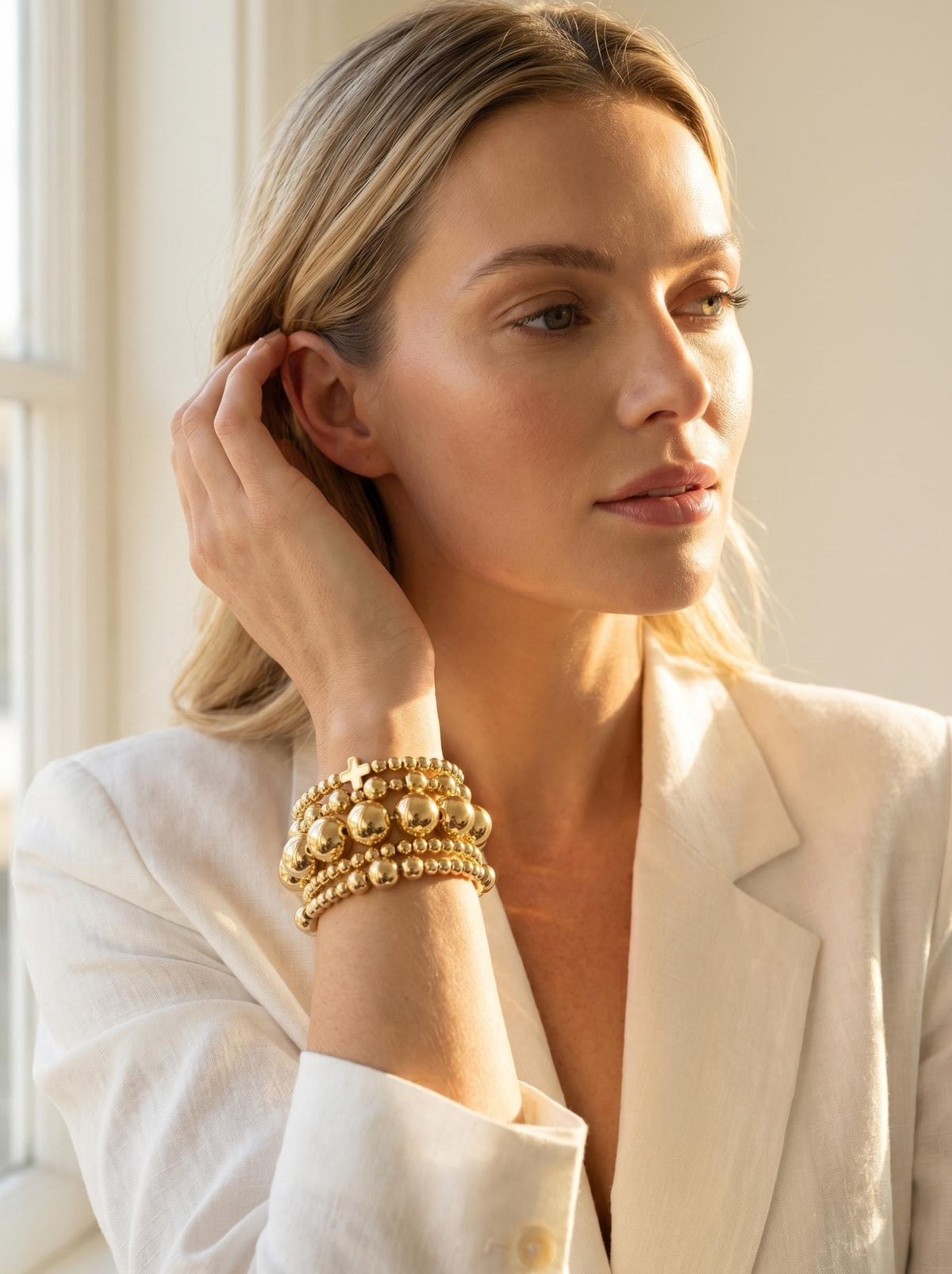 Qiuseadu Chunky Gold Beaded Stack Bracelets Beads Ball Cross Colorful Statement Bracelets Set for Women (Full Gold Statement)