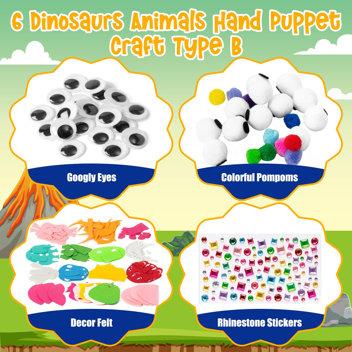WATINC 6Pcs Hand Puppet Making Kit, Art Craft Felt Sock Puppet Toys, Creative DIY Make Your Own Pompoms Wiggle Googly Eyes Storytelling Role Play Party Supplies Gift for Girls Boys (Dinosaurs B)