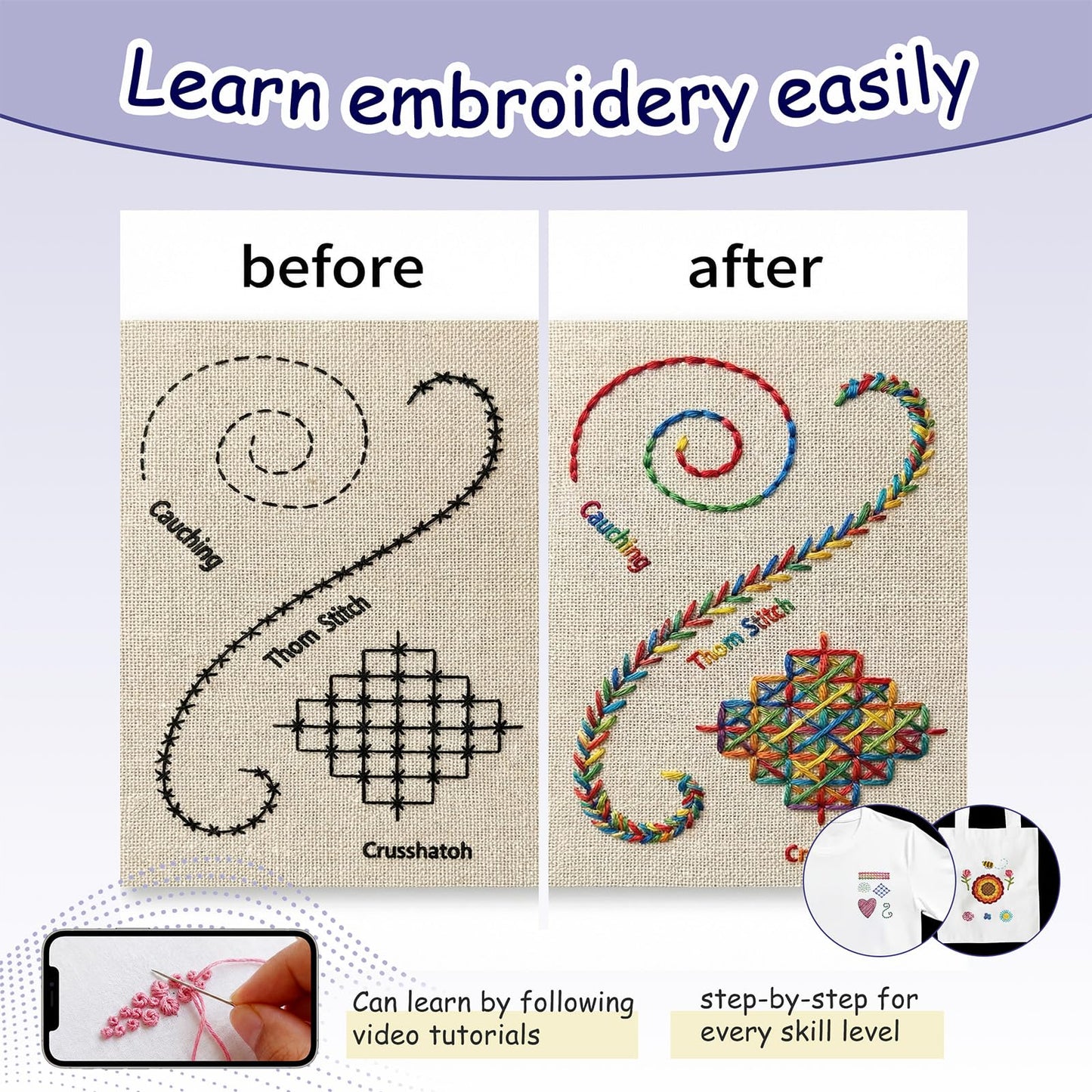 majusaccessory Embroidery Stitch Book Kit for Beginners,106 Patterns & 27 Full Tool Set with Video Instructions, Portable All in One Kit for Stress Relief & Relaxation, Perfect for Leisure Time, Gift
