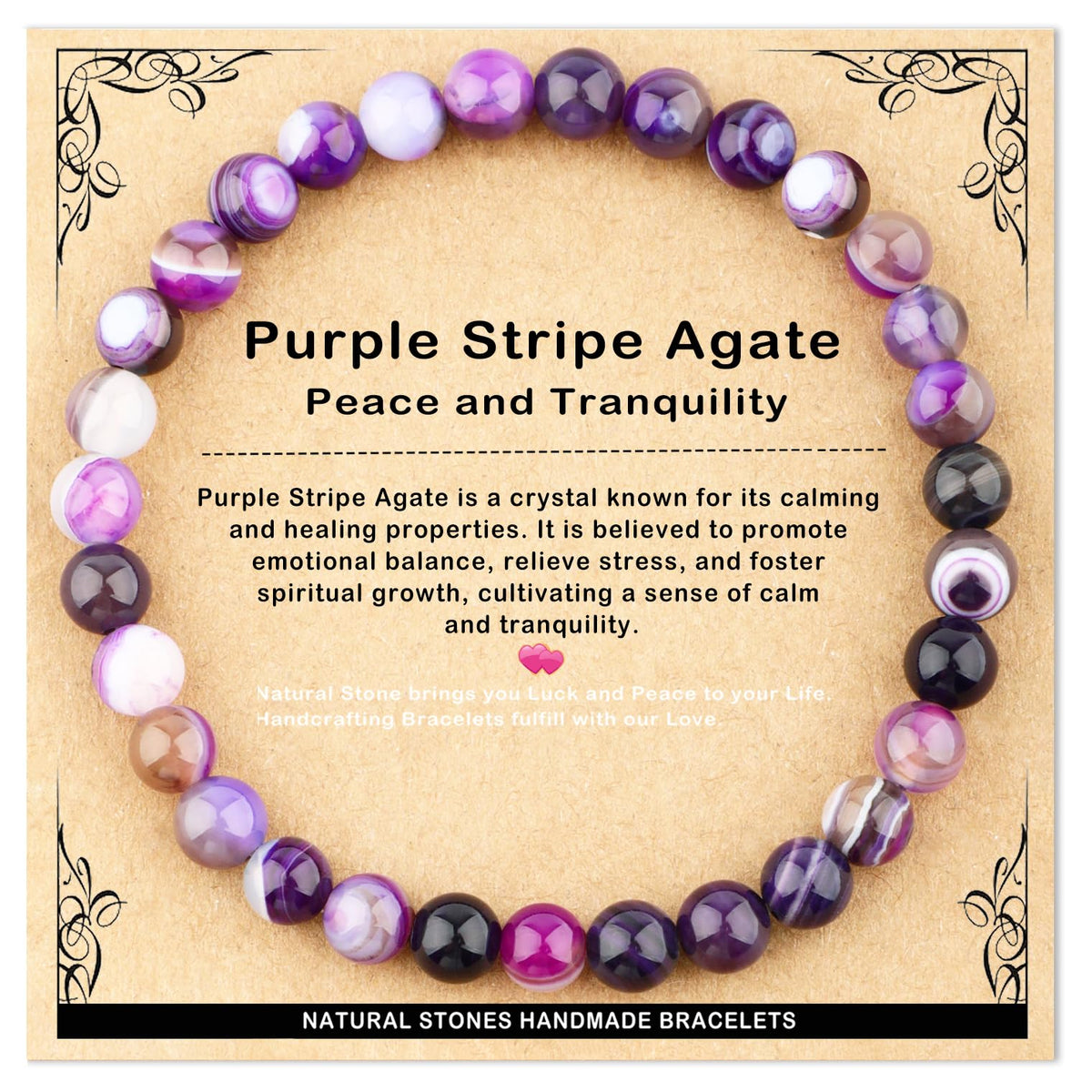 AD Beads 6mm Handmade Purple Stripe Agate Elastic Bracelet – Natural Gemstone for Peace and Tranquility – Meditation, Yoga, Healing and Energy Gift for Men Women