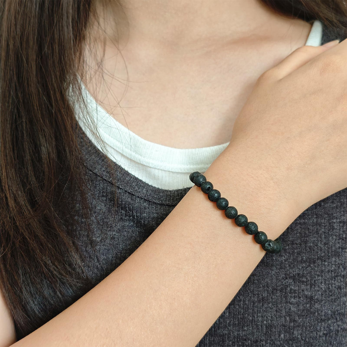 CHCCOYE 6mm Natural Healing Gemstone Bracelet Handmade Yoga Stretch Elastic Bracelet Stress Relief Crystal Jewelry for Men and Women (6mm, Black Lava)