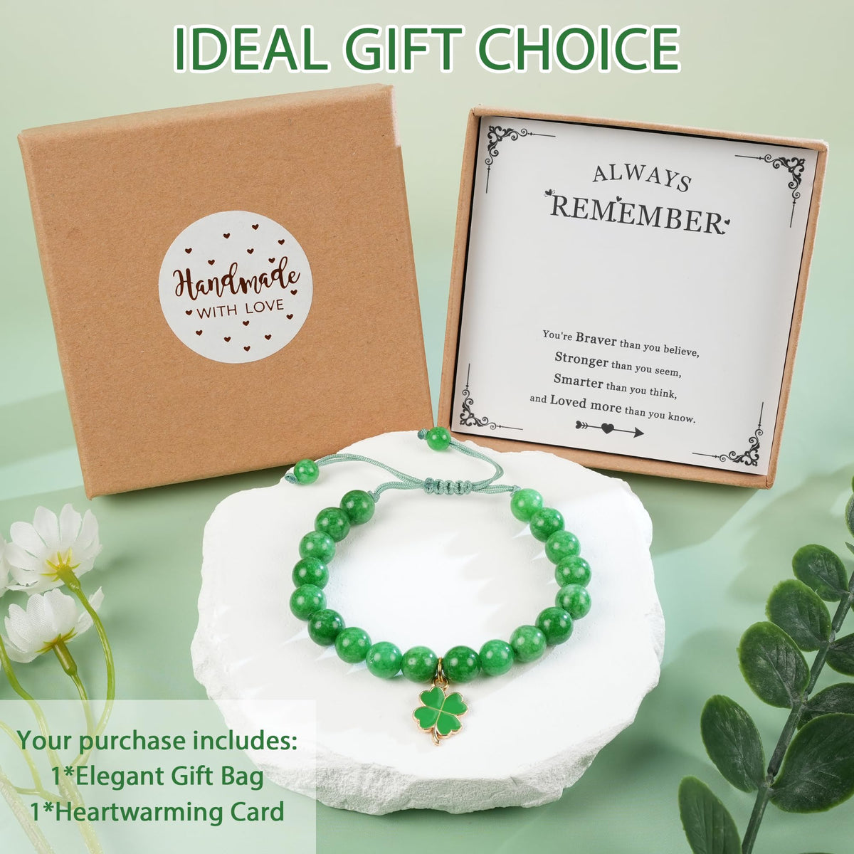 PEALICIOUS Shamrock Bracelets for Women Natural Green Jade Brecelet Adjustable Shamrock Beaded Braclet Crystal Jewelry for Good Luck Graduation Gifts for Women