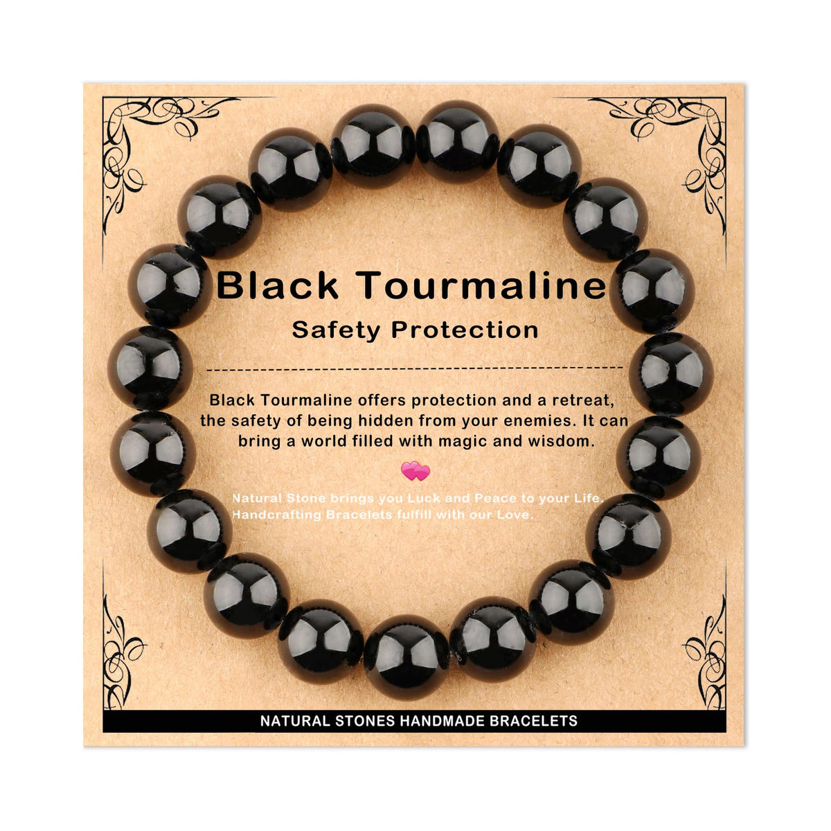 AD Beads 10mm Handmade Black Tourmaline Elastic Bracelet – Natural Gemstone for Safety Protection – Meditation, Yoga, Healing and Energy Gift for Men Women