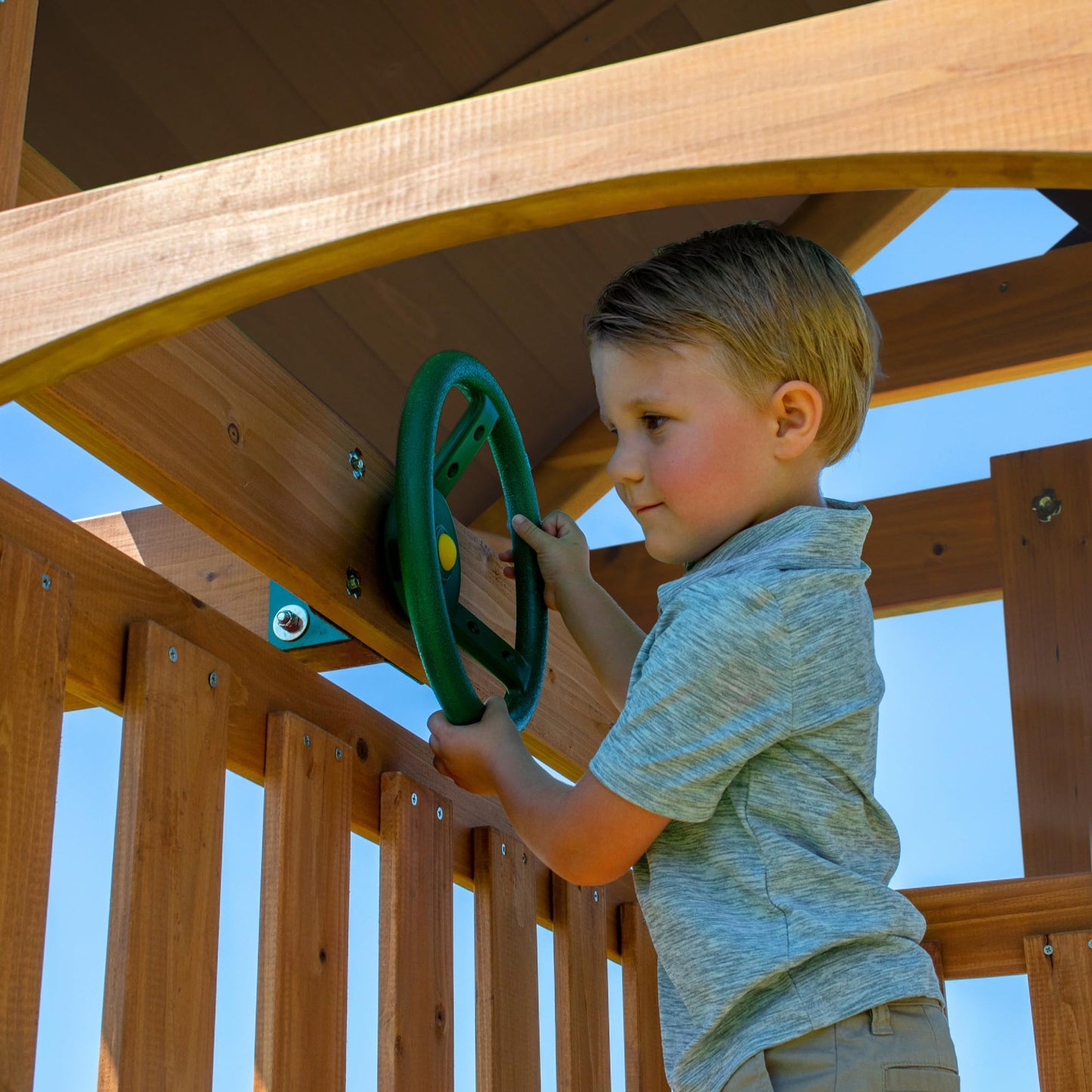 Backyard Discovery Lightning Ridge Cedar Wood Swing Set with Wave Slide, Play Deck, Rock Wall, Sandbox, Belt Swings, Toy Telescope, Steering Wheel, Step Ladder, Outdoor Playset