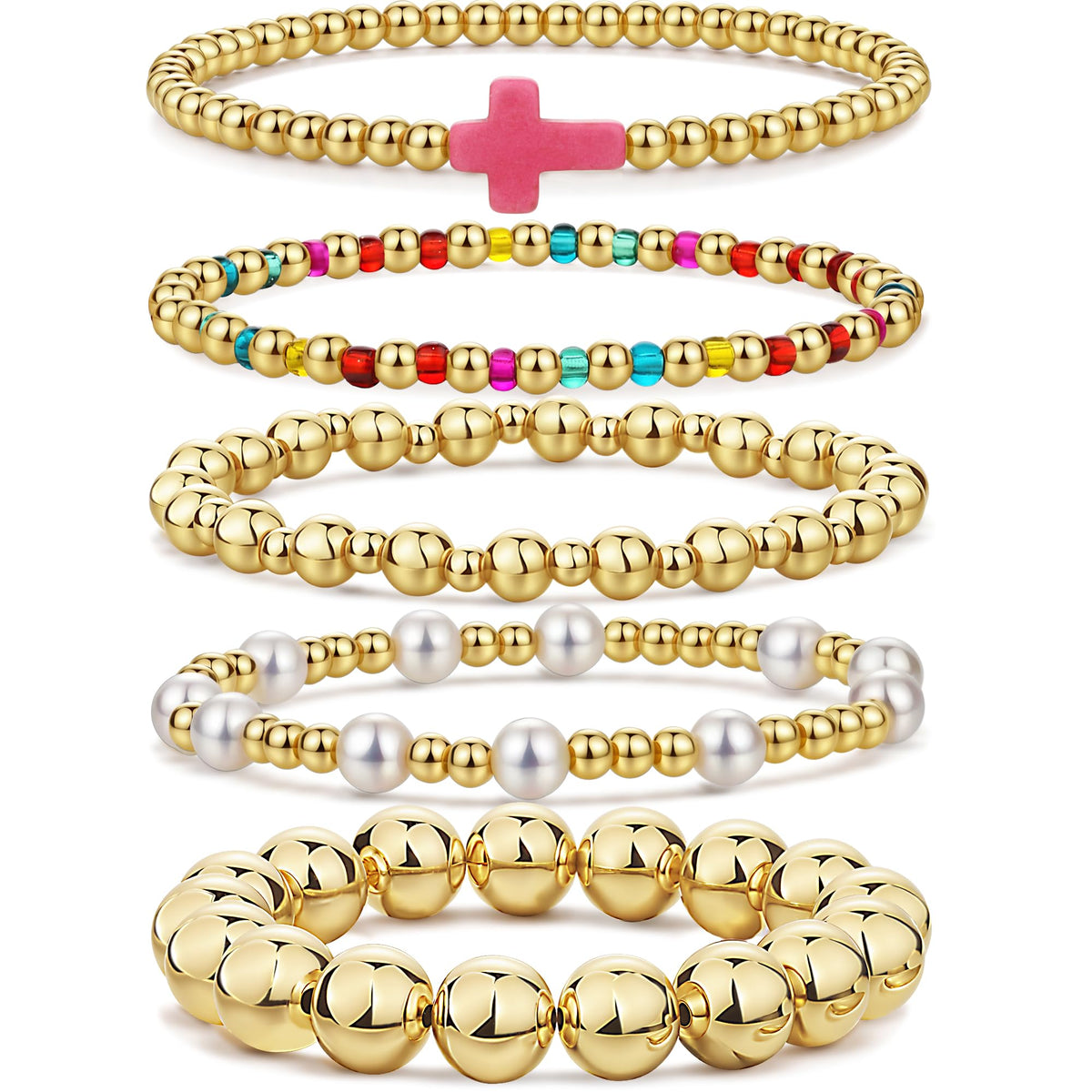Qiuseadu Chunky Gold Beaded Stack Bracelets Beads Ball Cross Colorful Statement Bracelets Set for Women (Rainbow Accent)