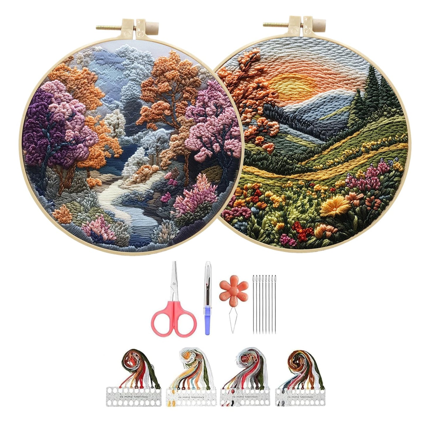 Hzkokon 2 Pack Embroidery Kit for Beginners Adults Cross Stitch Kits Hand Embroidery Kit Includes Stamped Flower Pattern, Hoop, Color Threads,Tools & Follow Instruction