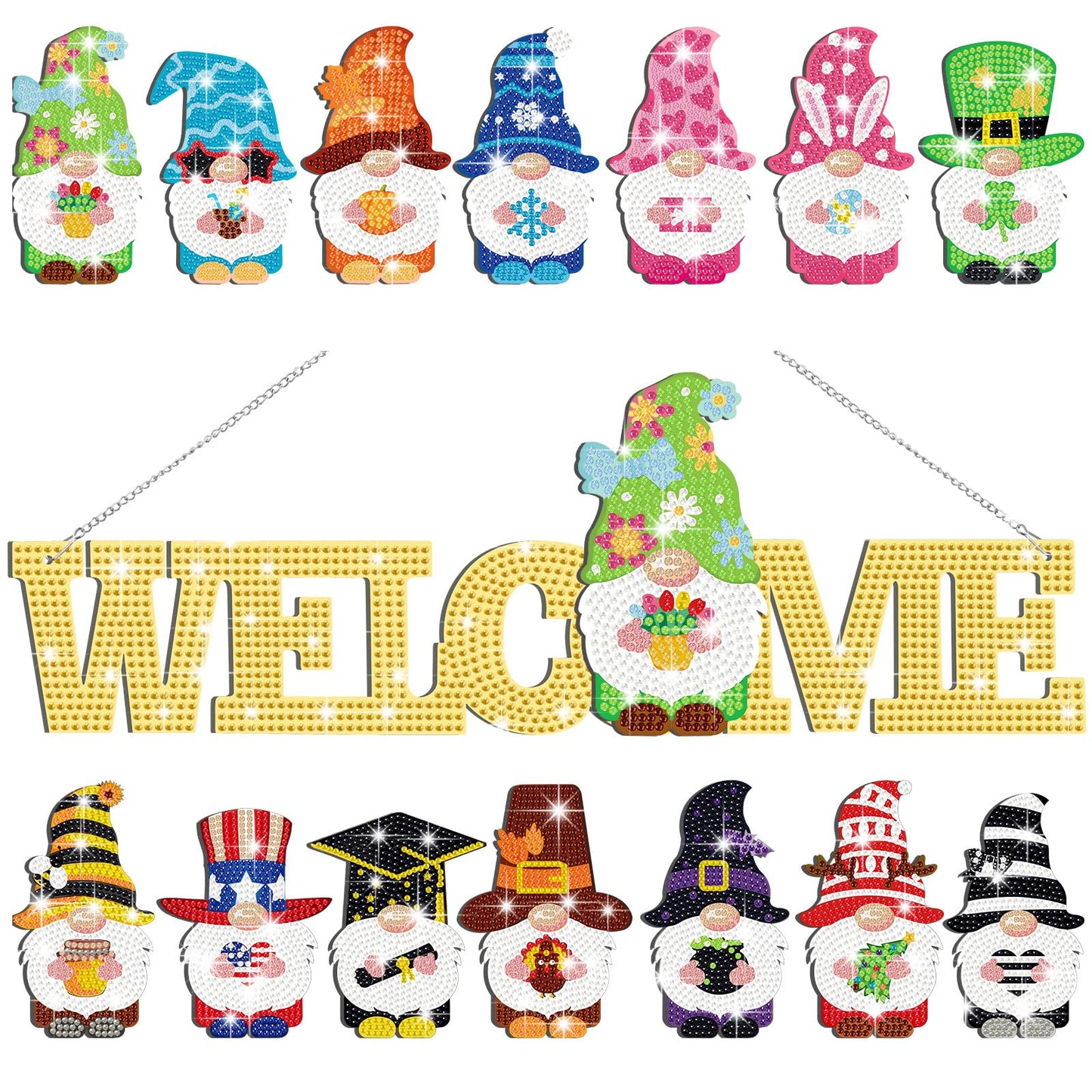 Yousoontic 15 Pcs Magnetic Diamond Art for Adults Interchangeable Gnome Seasonal Welcome Sign Gnome Door Hanger with Detachable Hat Hand DIY Rhinestone Painting Gift for Home Decoration