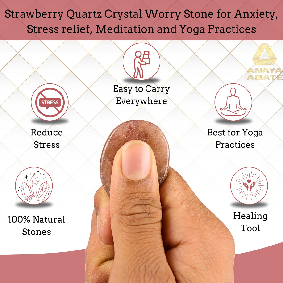 Anaya Agate Strawberry Quartz Worry Stones Certified Crystal Thumb Worry Stone for Anguish Relaxing and Soothing Balance Stones for Meditation, Stress Relief Crystals and Healing Stones for Men, Women