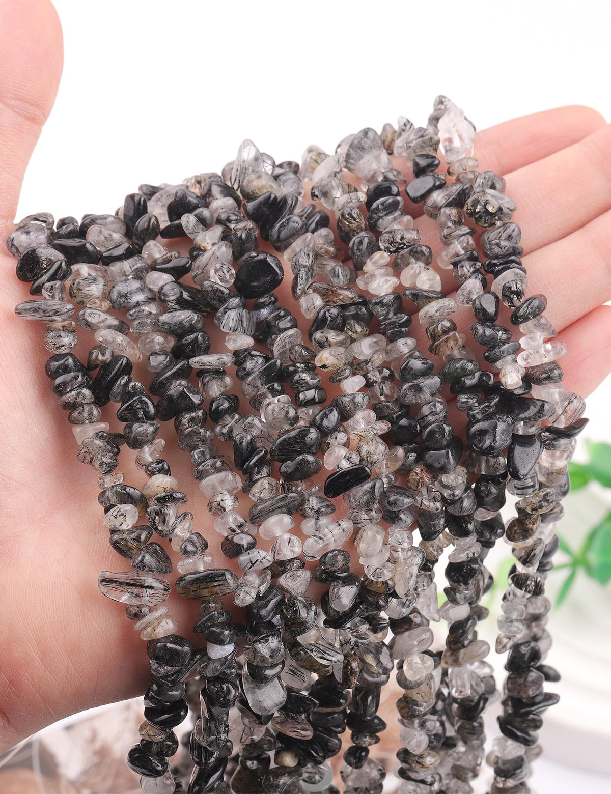 200pcs Natural Irregular Chip Stone Beads 5-8mm Pre-Drilled 30-inch Strand Semi-Precious Healing Crystal Beads for DIY Jewelry Making Bracelet Chakra Crafts Black Rutilated Quartz
