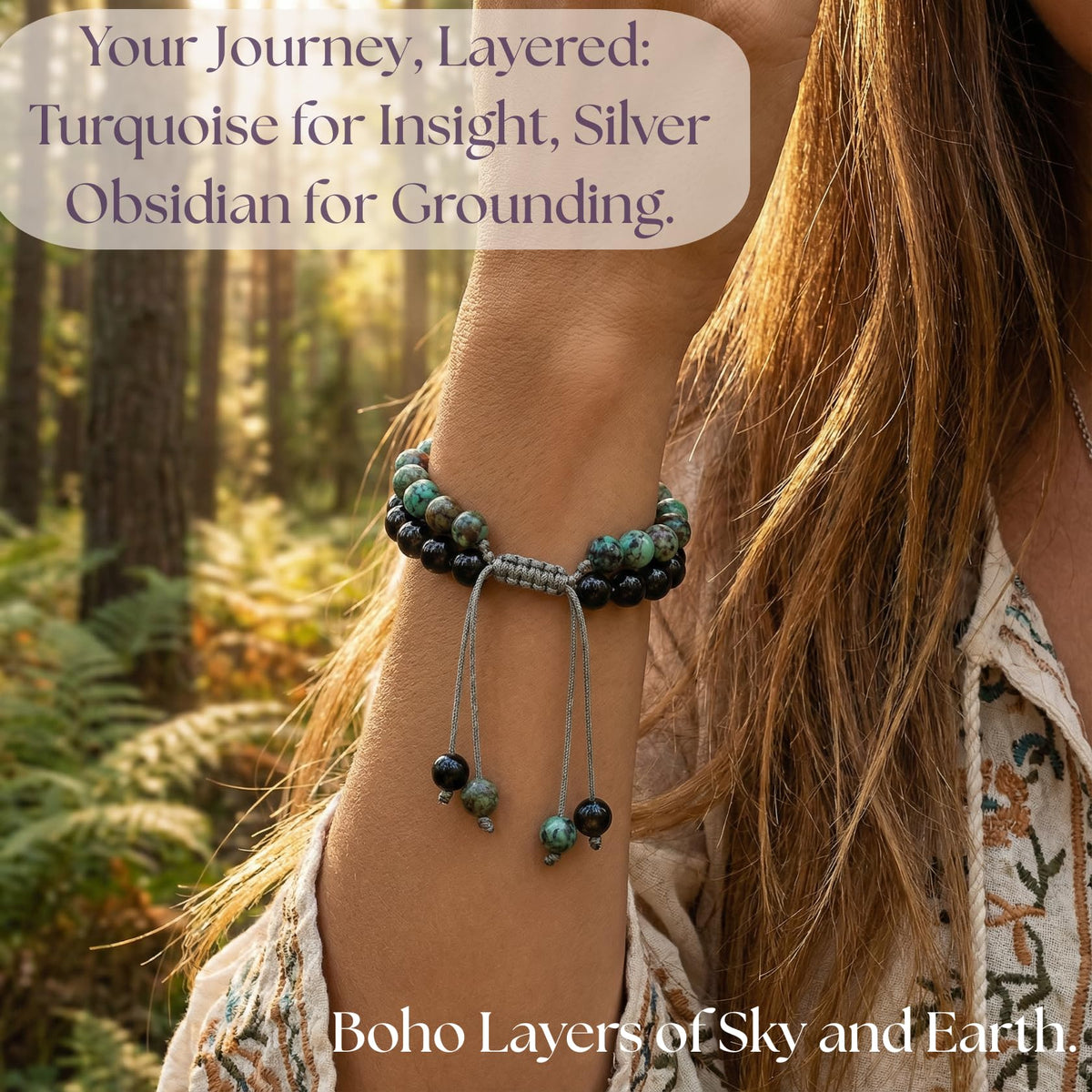 Atminafays 6MM Stackable Healing Bracelet - Mookaite Jasper, Tiger's Eye & African Turquoise with Silver Sheen Obsidian Beads | Adjustable Handwoven Cord | Boho Chic Spiritual Jewelry for Men & Women (Calm & Luck)