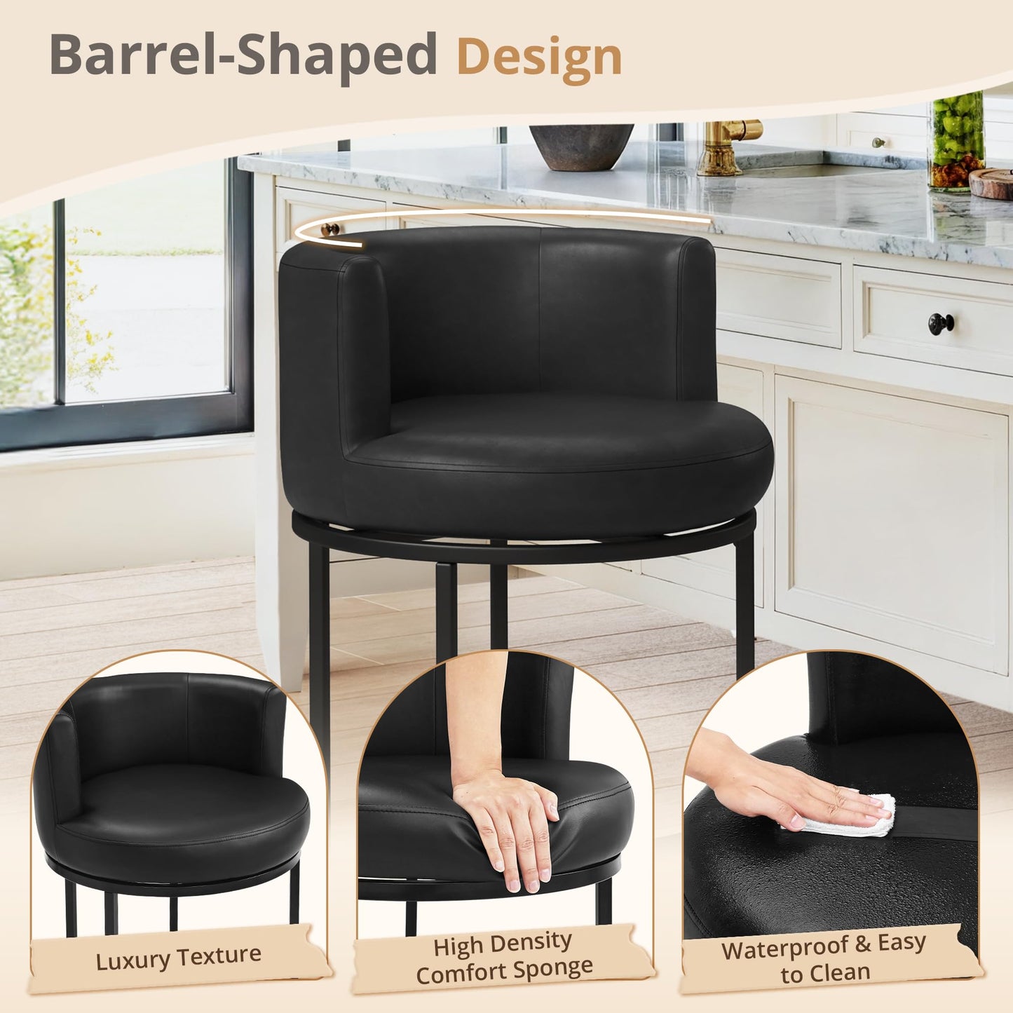 LUE BONA 26.8" Counter Height Bar Stools Set of 3, 180° Swivel Bar Stools, Modern Barrel Counter Stools with Back and Metal Frame, Faux Leather Upholstered Barstools for Kitchen Island, Black