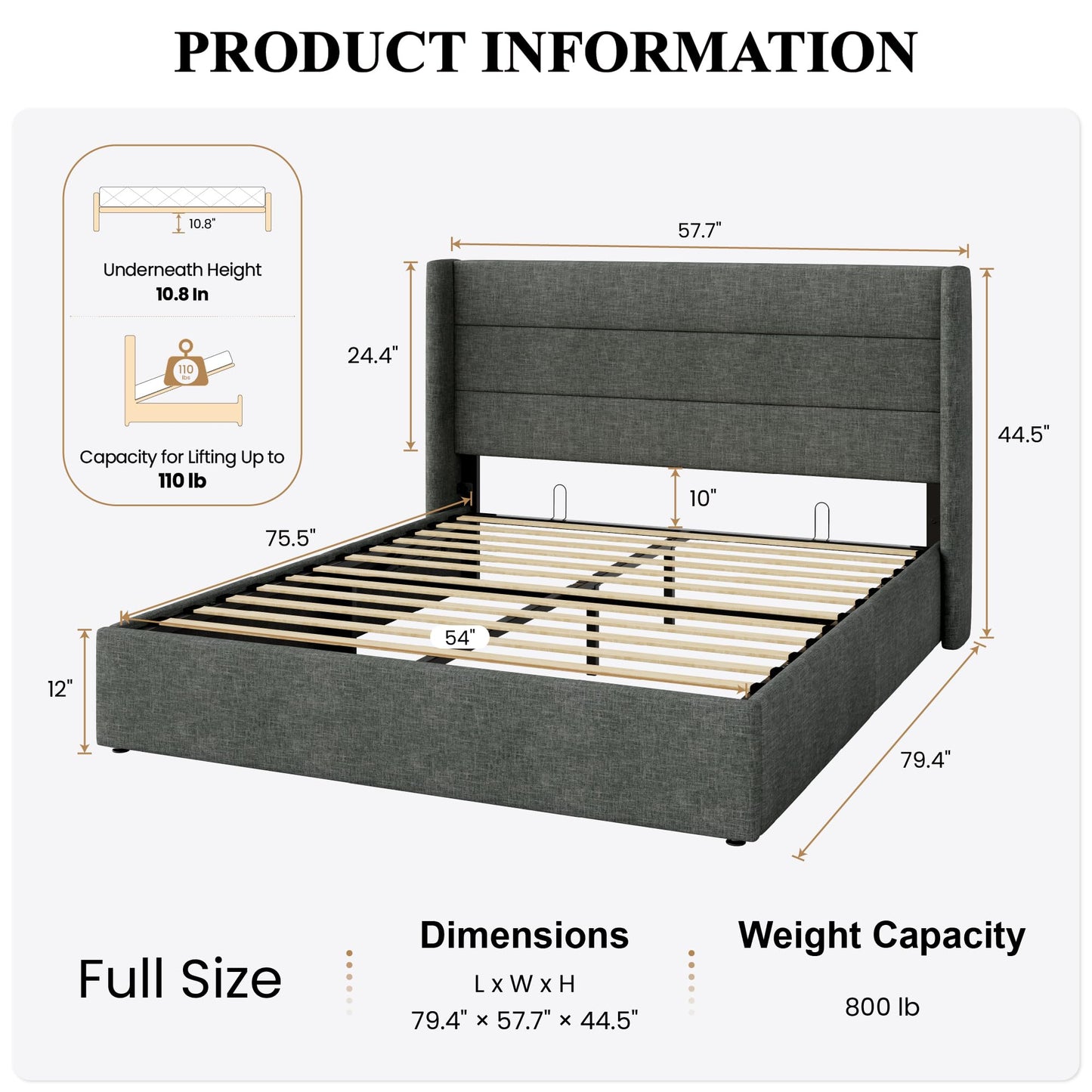 SHA CERLIN Full Size Lift Up Storage Bed/Modern Wingback Headboard/Upholstered Platform Bed Frame/Hydraulic Storage/No Box Spring Needed/Wood Slats Support/Dark Grey