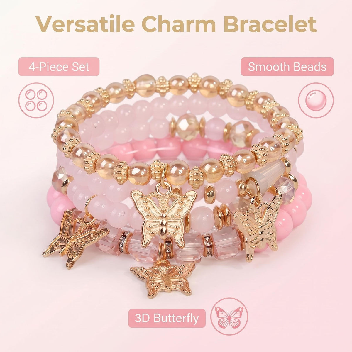 LOTSOF Boho Flower Beaded Bracelet Set for Women - Multilayer Crystal & Flower Charm Stackable Bracelets, Fashion Jewelry Gift for Her (Pink Butterfly)