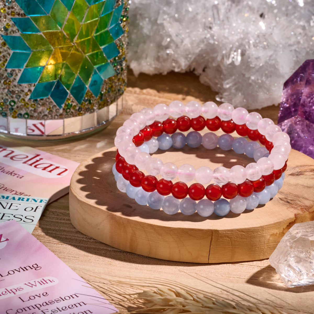 Bivei 3-Piece 8mm Beaded Bracelets for Women – Carnelian, Aquamarine, Rose Quartz – Handmade Natural Crystal Stretch Elastic Jewelry for Meditation, Yoga, Protection Gifts