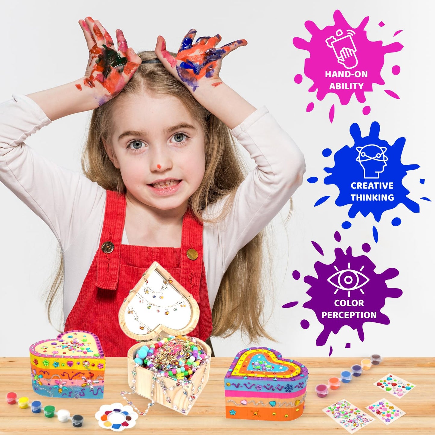 Ambesi Paint Your Own Wooden Jewelry Box, Art Heart Treasure Box Kit for Girls, Decorate Jewelry Box Kit for Kids Ages 4-6, 6-8, DIY Arts and Crafts Gift for Birthday Mother's Day