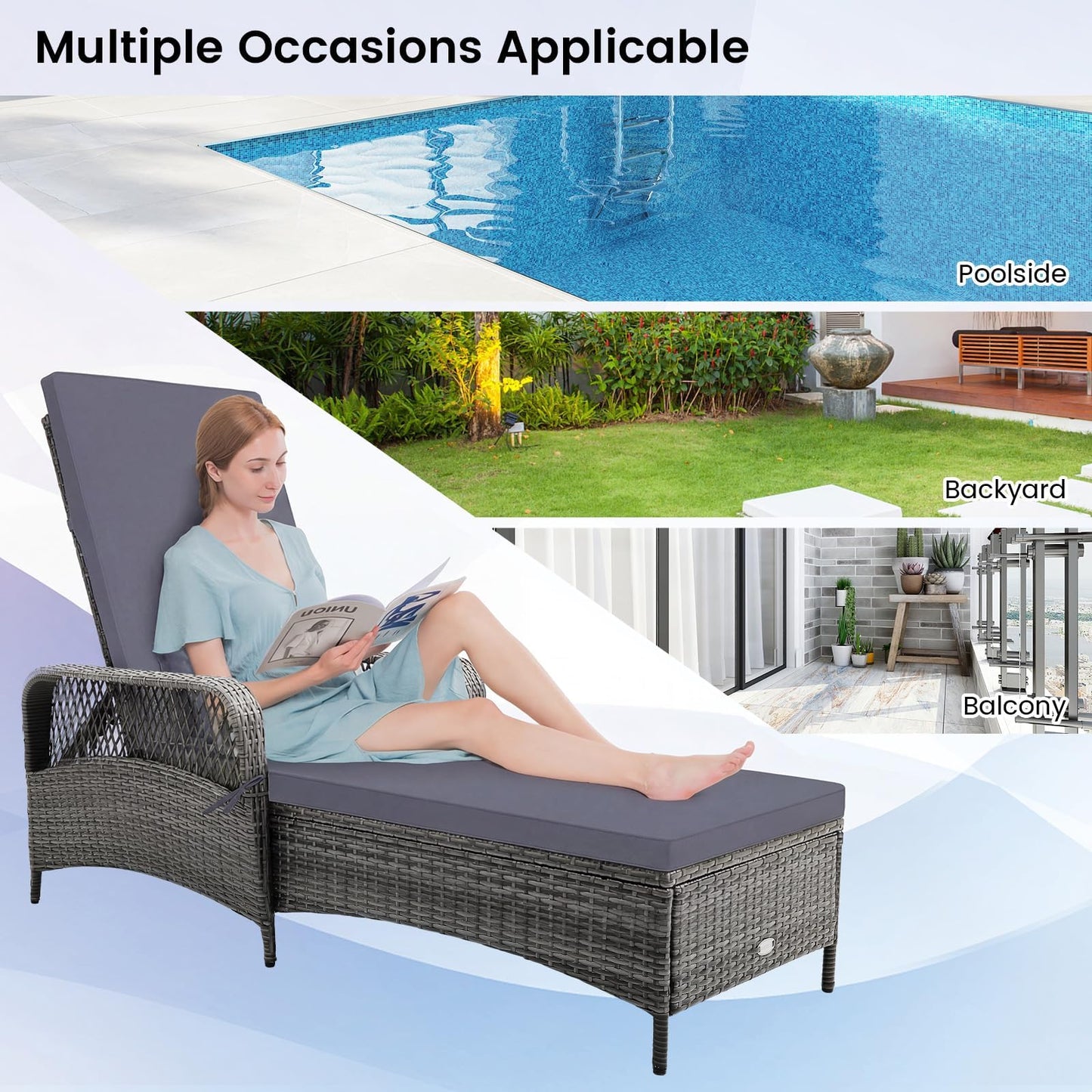 HAPPYGRILL 2PCS Patio Rattan Chaise Lounge, Outdoor PE Wicker Sun Lounger with Adjustable Backrest, Cushion & Pillow, Reclining Sunbed for Balcony Poolside Yard (Mix Gray & Gray)