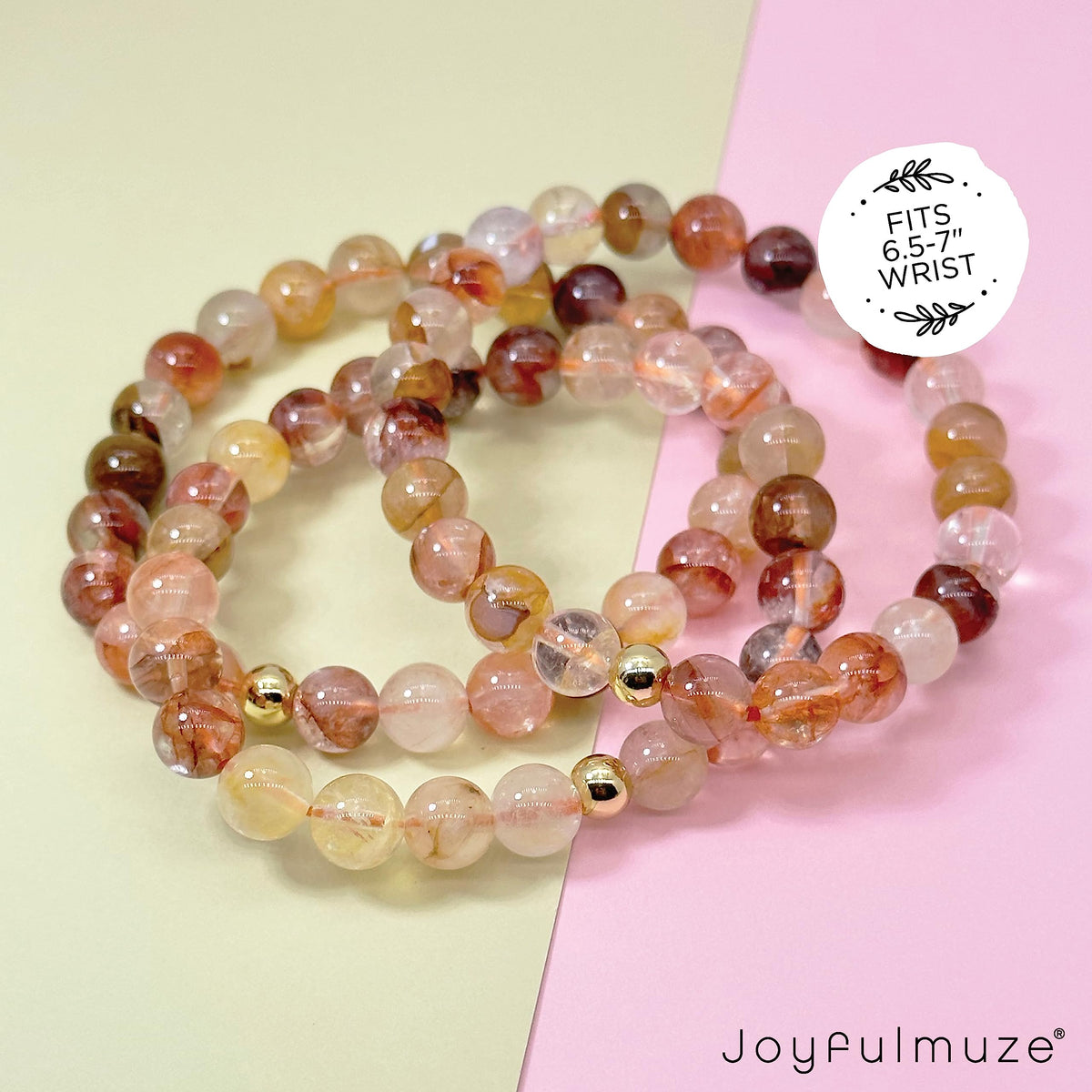 Joyfulmuze Natural Floral Crystal, Pink Yellow Orange Summer and Fall Stretch Bracelet, Handmade Gift for Women and Men, Round Beads 8mm 7" wrist (Floral-Crystal)