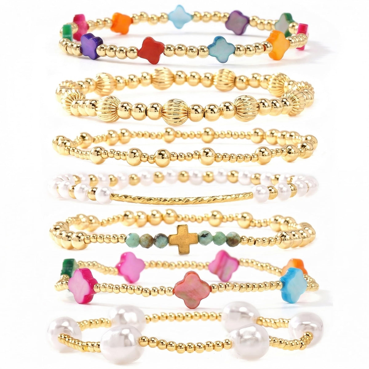 SHINUS BOHO 14K Gold Beaded Colorful Clover Bracelets Stack for Women,7PCS Bohemian Cross Pearl Beads Stackable Stretch Bracelet Set Fashion Birthday Prom Jewelry Accessories Gift Friendship Sister