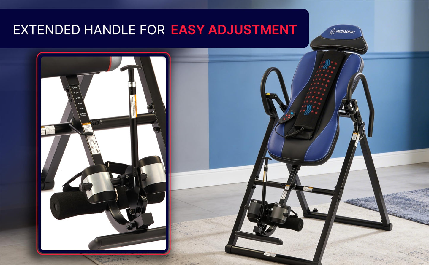 MediSonic Elite Inversion Table with Adjustable & Removable Lumbar Pad, Comfortable Ankle Security Cups, Multiple Inversion Angles, Heavy-Duty Frame, 300 lb Capacity, Blue