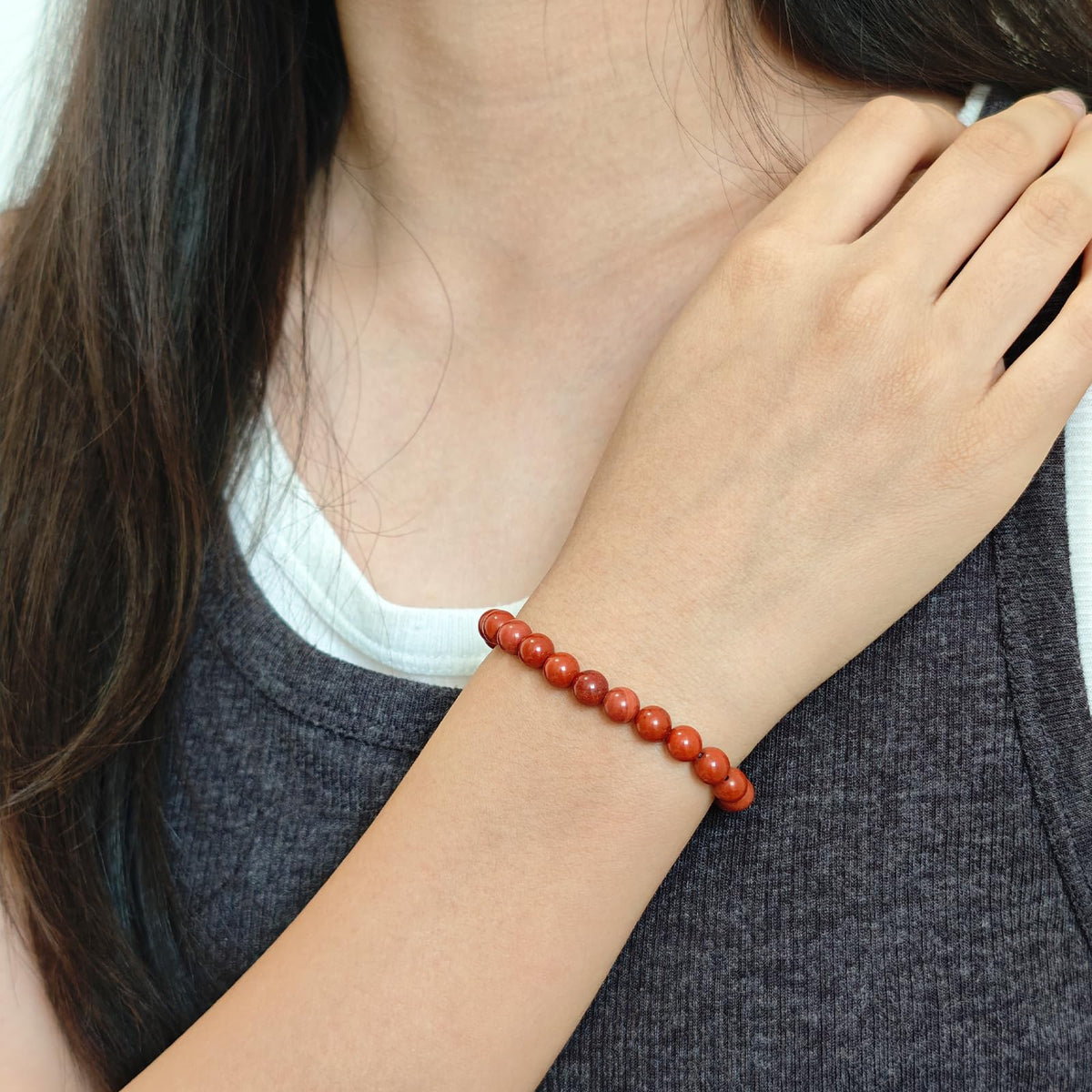 CHCCOYE 6mm Natural Healing Gemstone Bracelet Handmade Yoga Stretch Elastic Bracelet Stress Relief Crystal Jewelry for Men and Women (6mm, Red Jasper)