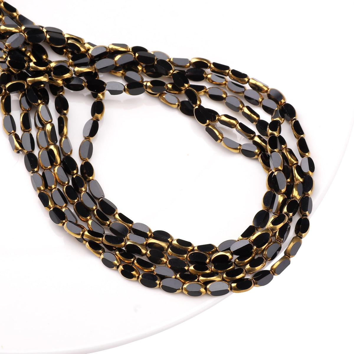 DADIFEN Glass Rice Beads Black 4x6mm 50pcs Faceted Oval Golden Edge Crystal Loose Beads for DIY Craft Jewelry Making