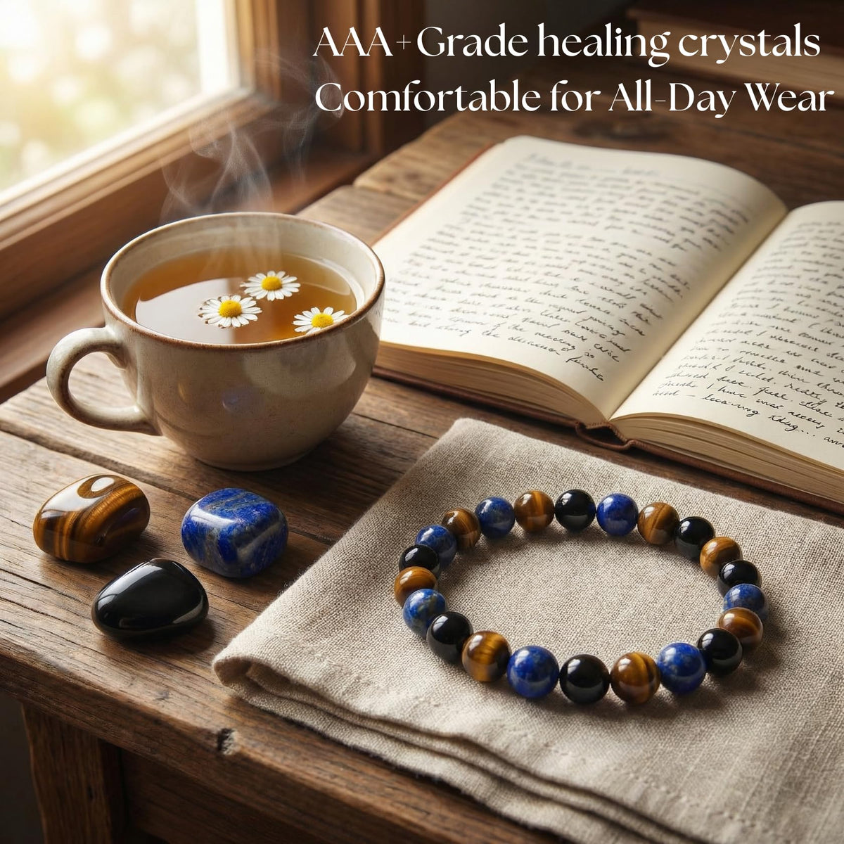 Atminafays 8MM Healing Crystal Bracelet - Black Obsidian, Tiger Eye & Lapis Lazuli | Triple Protection Stone Jewelry, Adjustable 6.5-8", Spiritual Gift