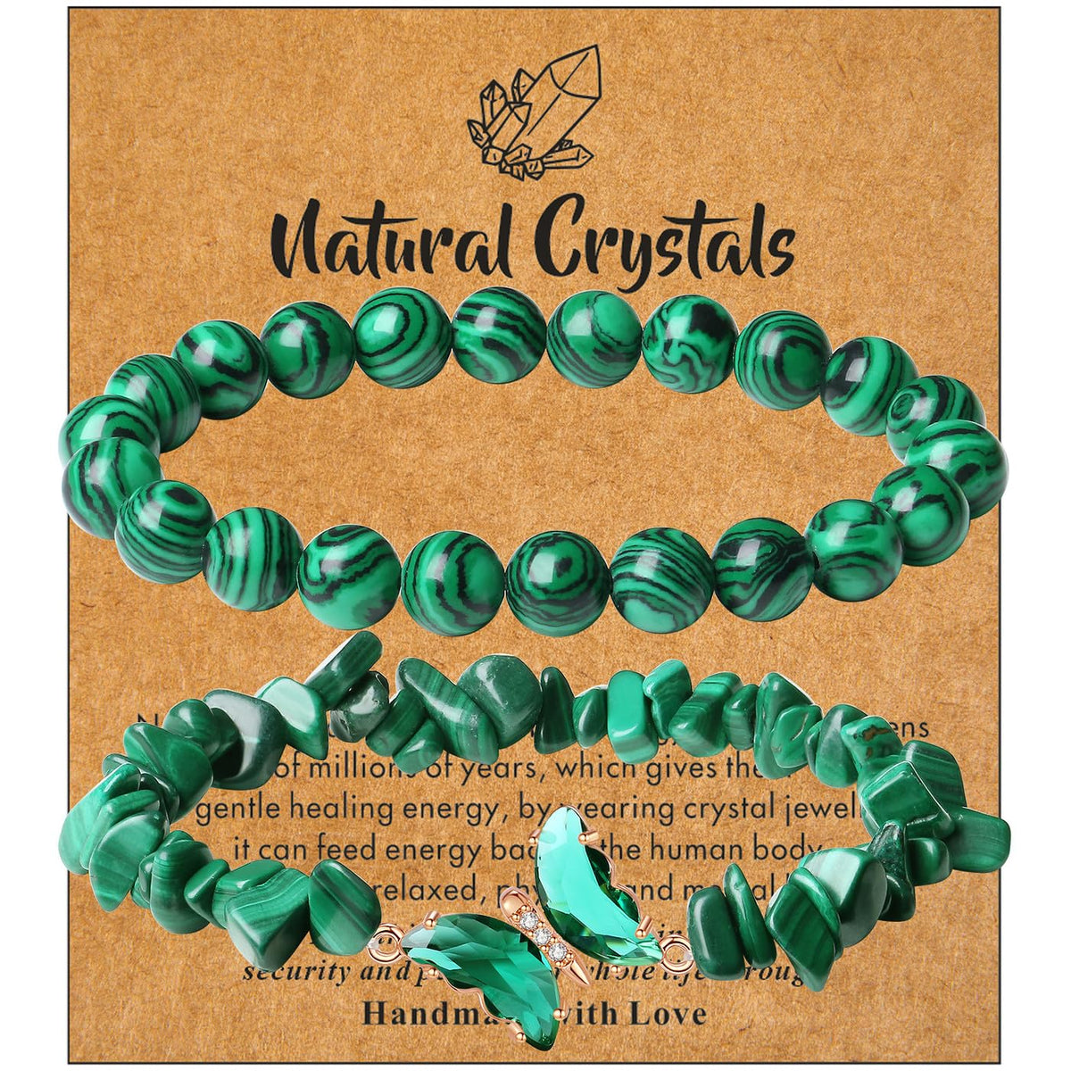 DUQGUHO 2Pcs Malachite Bracelets Green Bracelets for Women Butterfly Bracelets for Women Gemstone Bead Jewelry Healing Crystals Bracelets Stretch 8mm Crystal Beaded Jewelry Gifts for Women